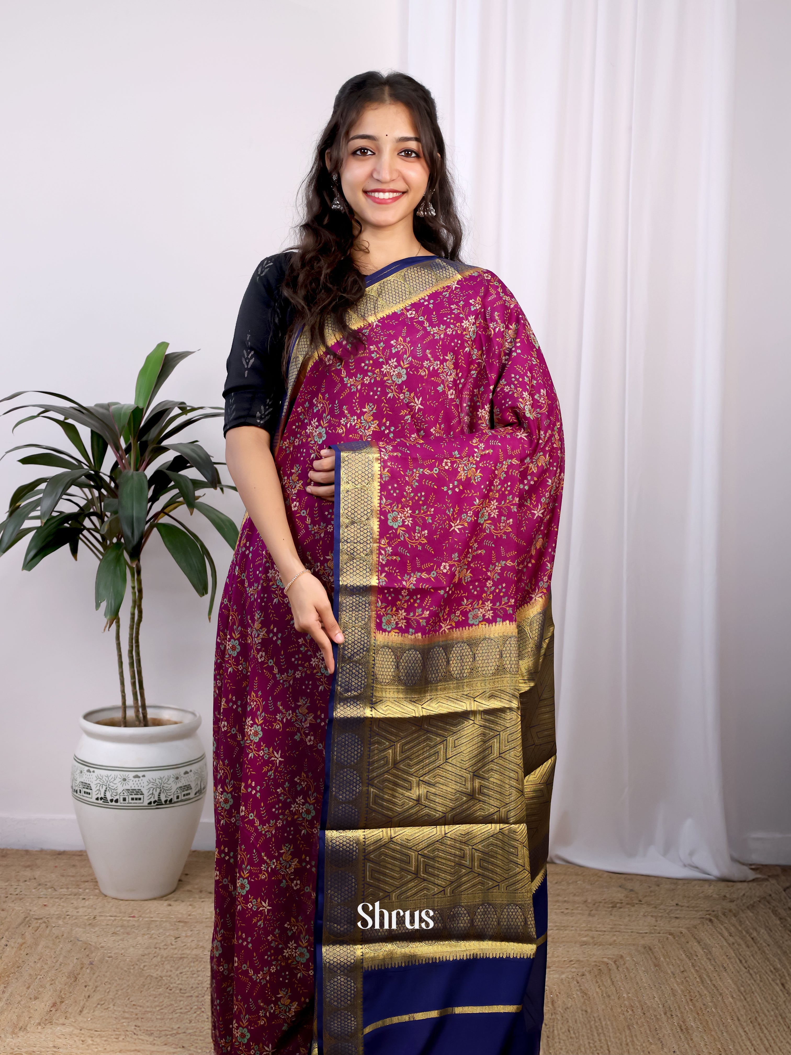 Purple & Blue - Semi Mysoresilk Saree