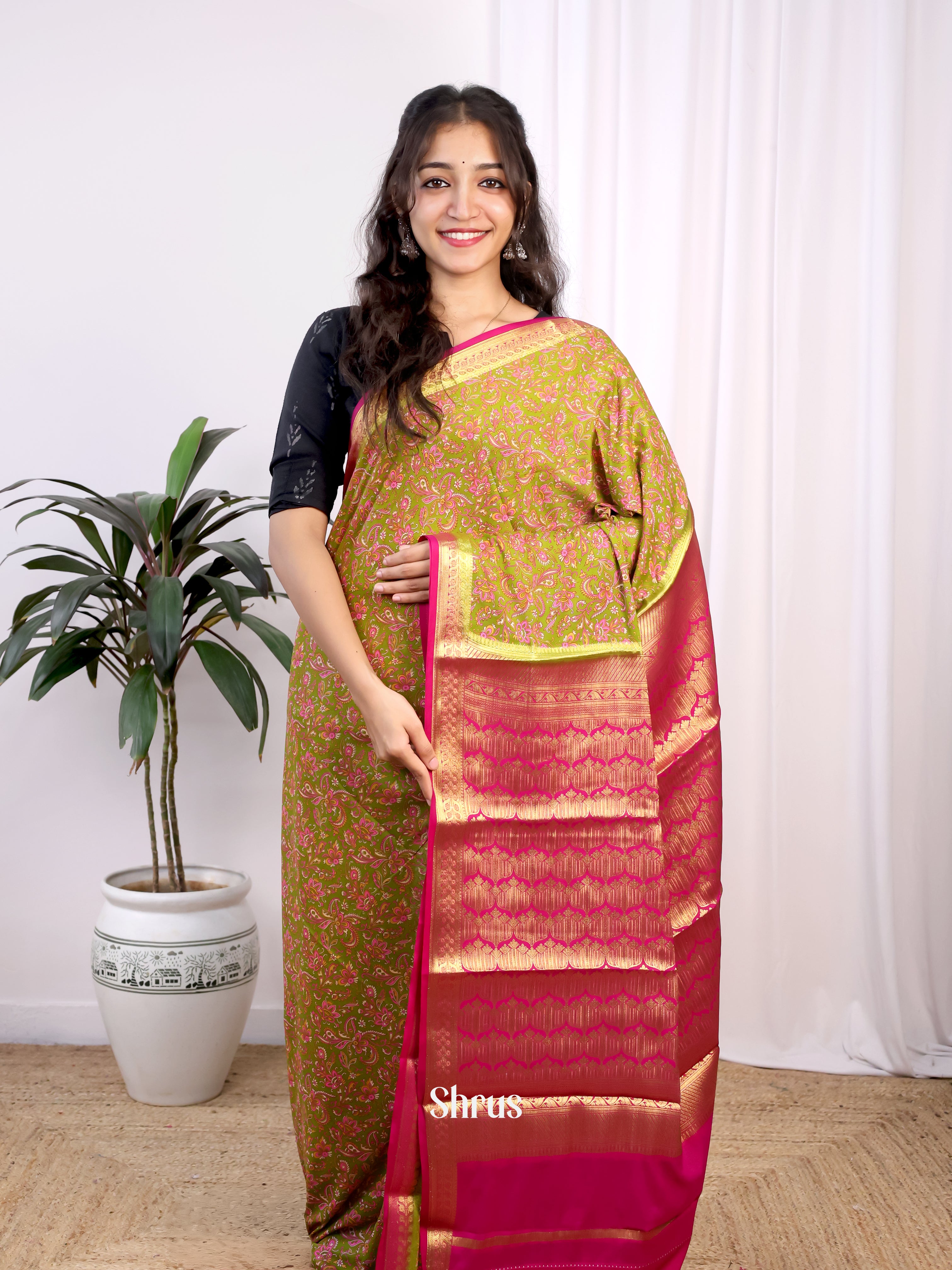 Green & Pink - Semi Mysoresilk Saree