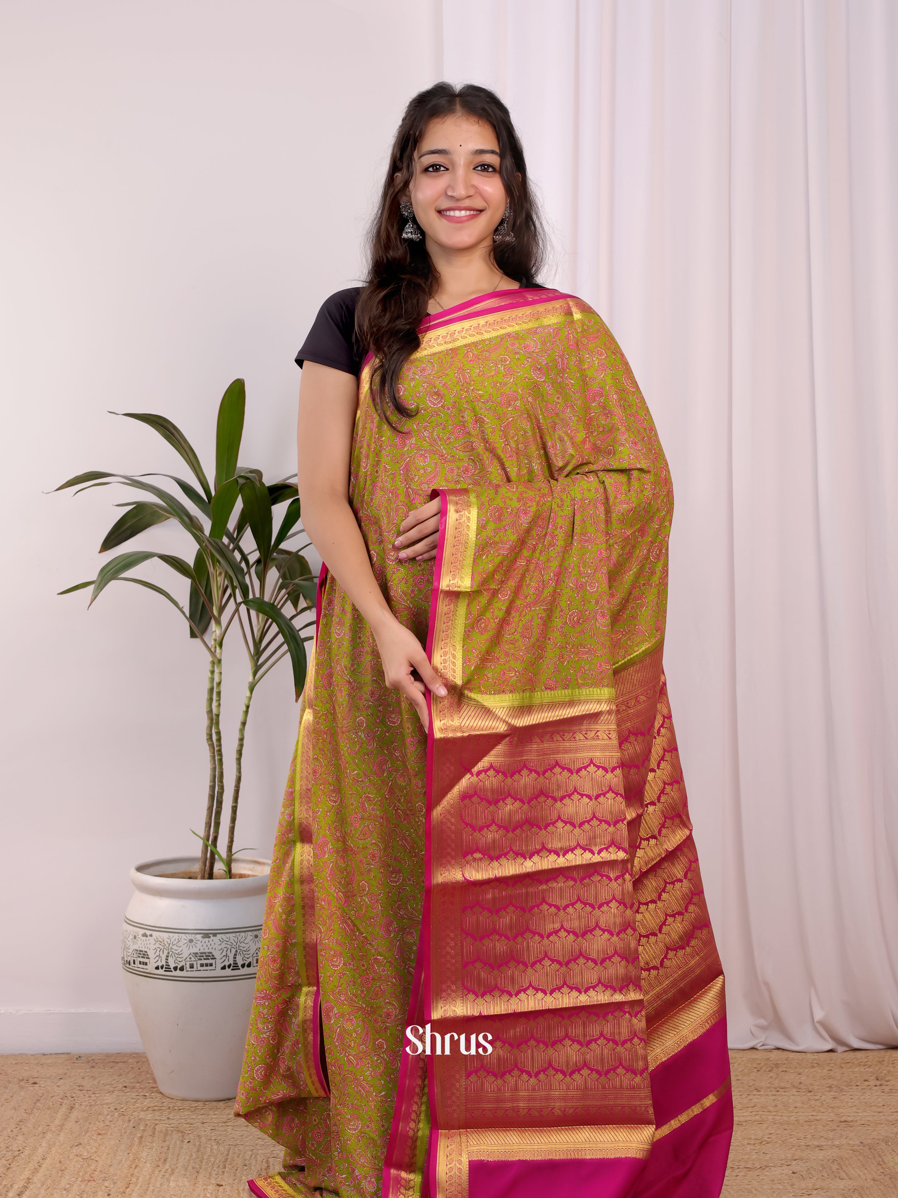 Green & Pink - Semi Mysoresilk Saree