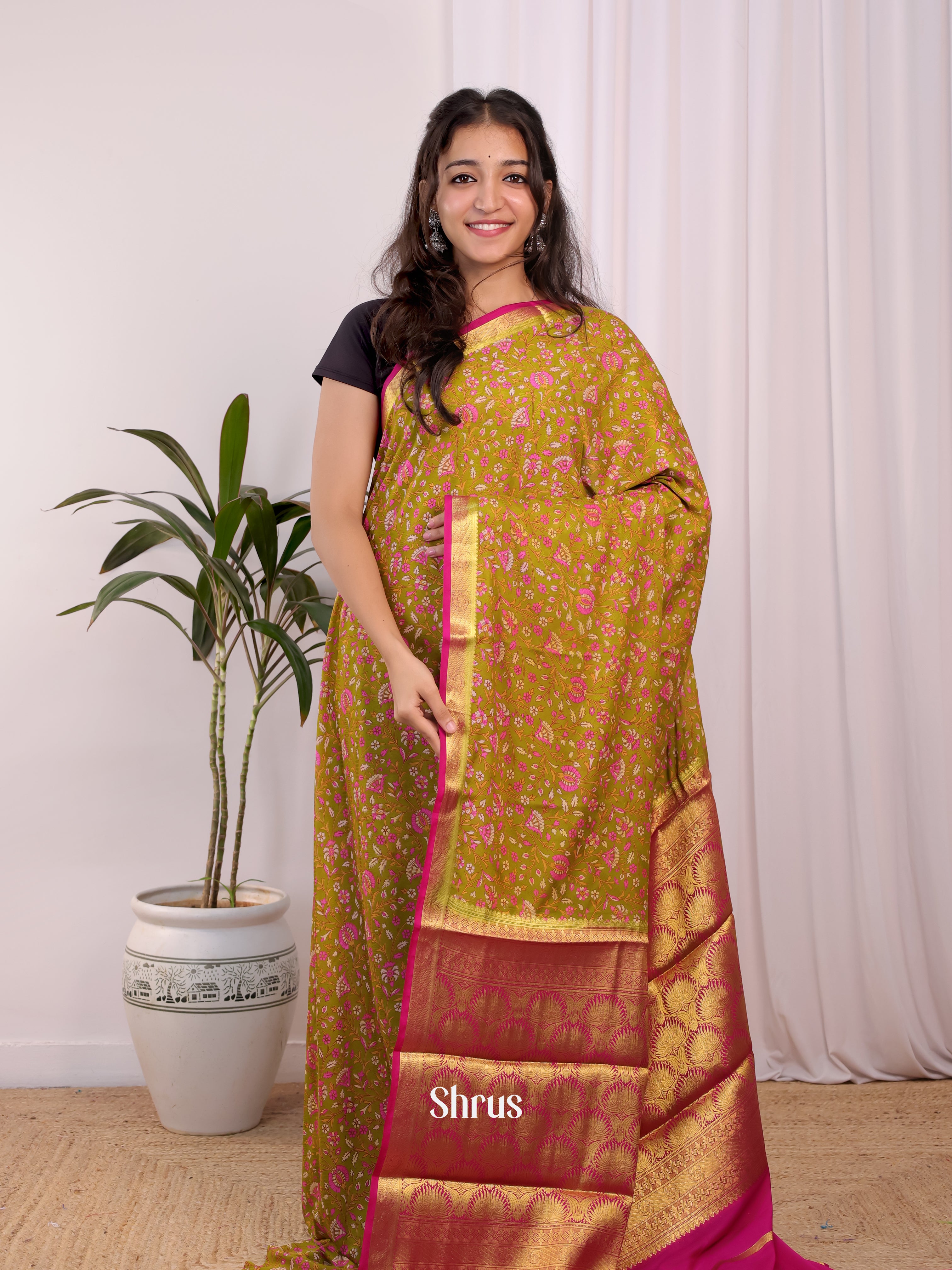 Green & Pink - Semi Mysoresilk Saree