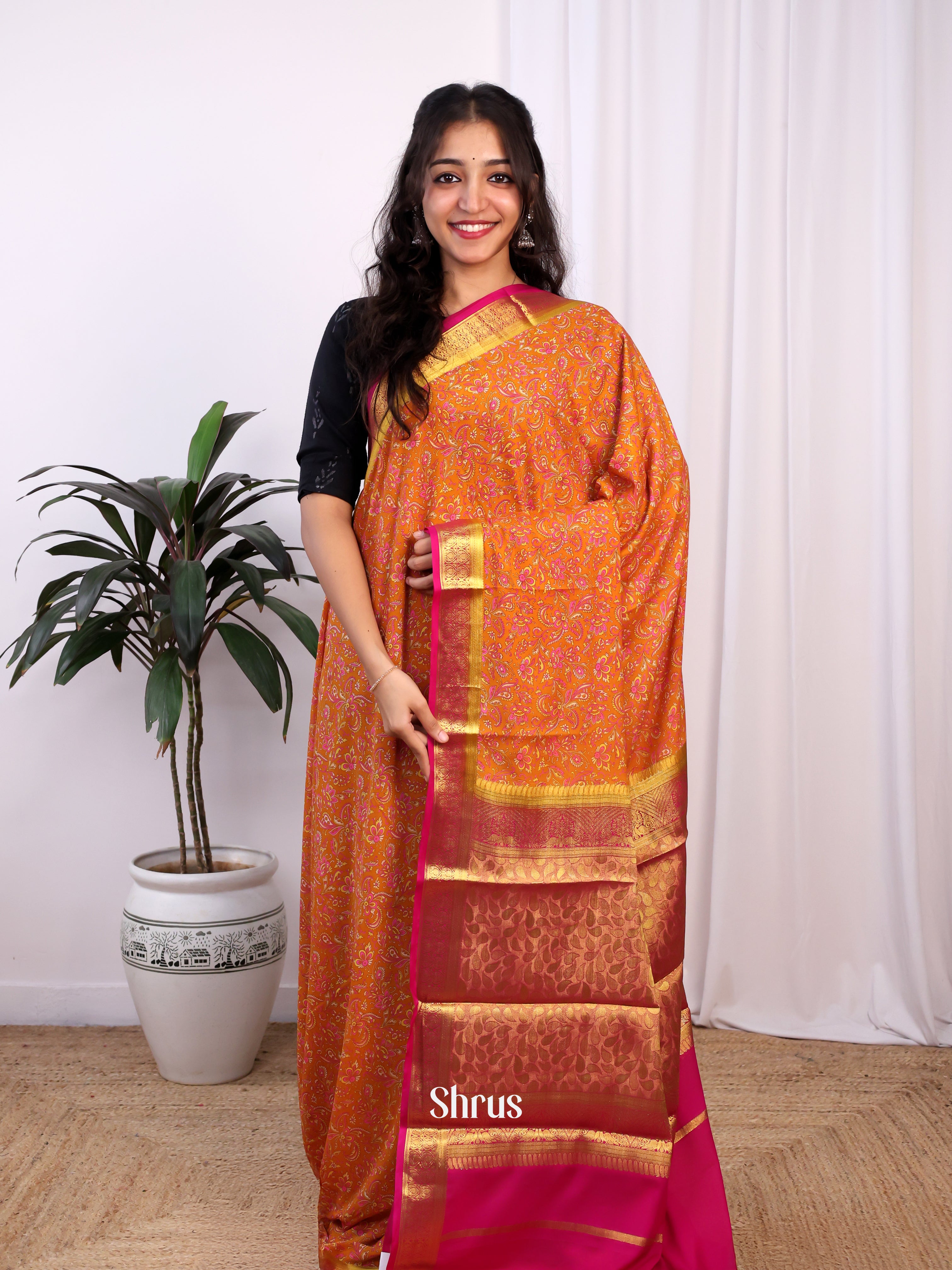 Orange & Pink - Semi Mysoresilk Saree