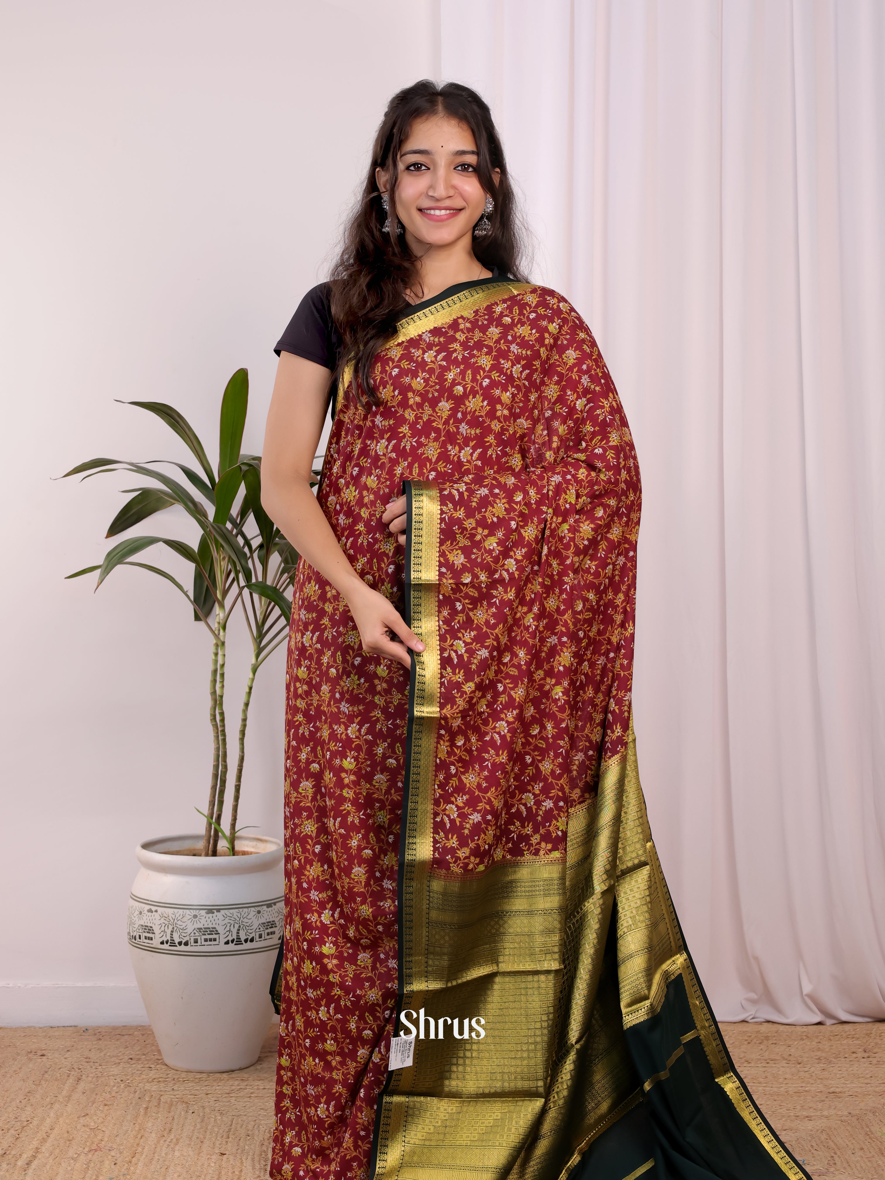 Maroon & Green - Semi Mysoresilk Saree