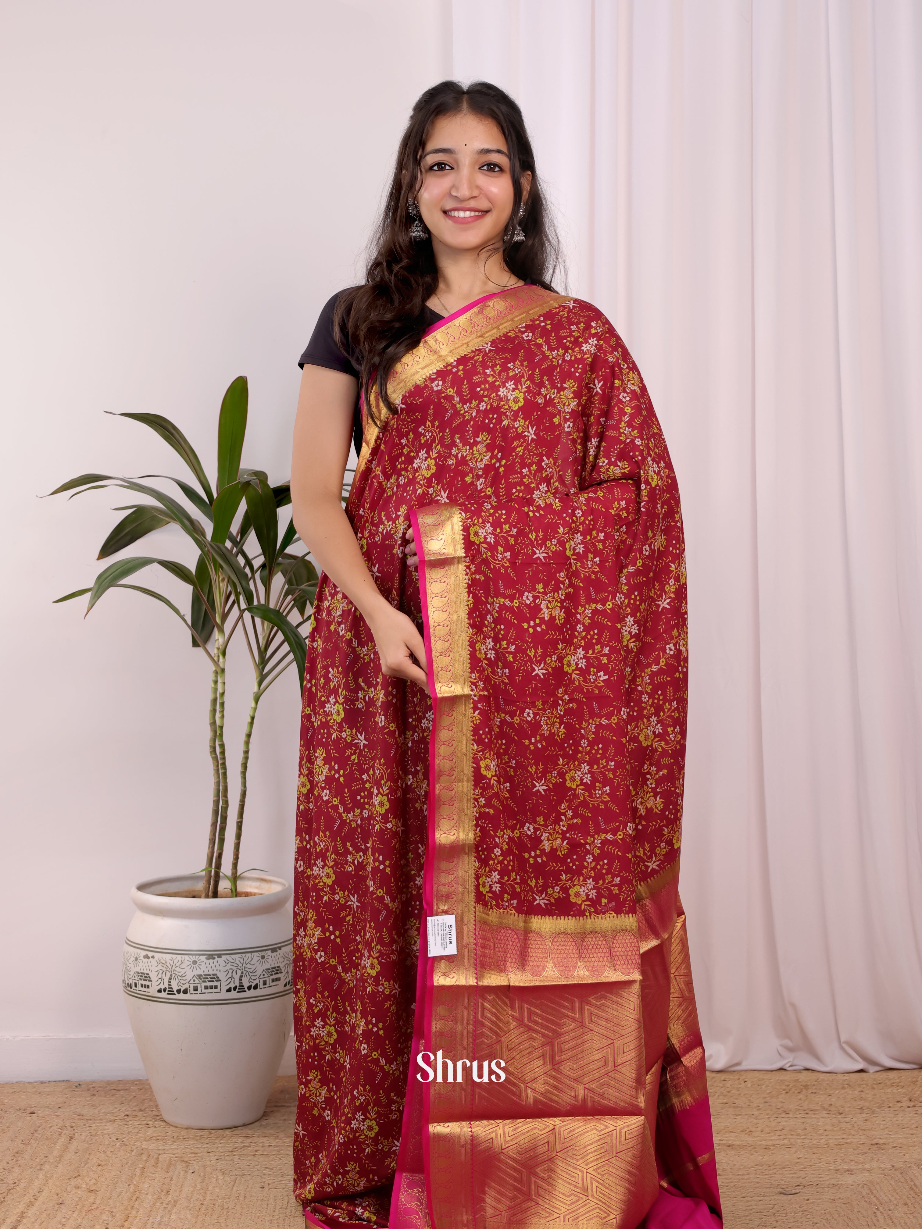 Red & Pink - Semi Mysoresilk Saree