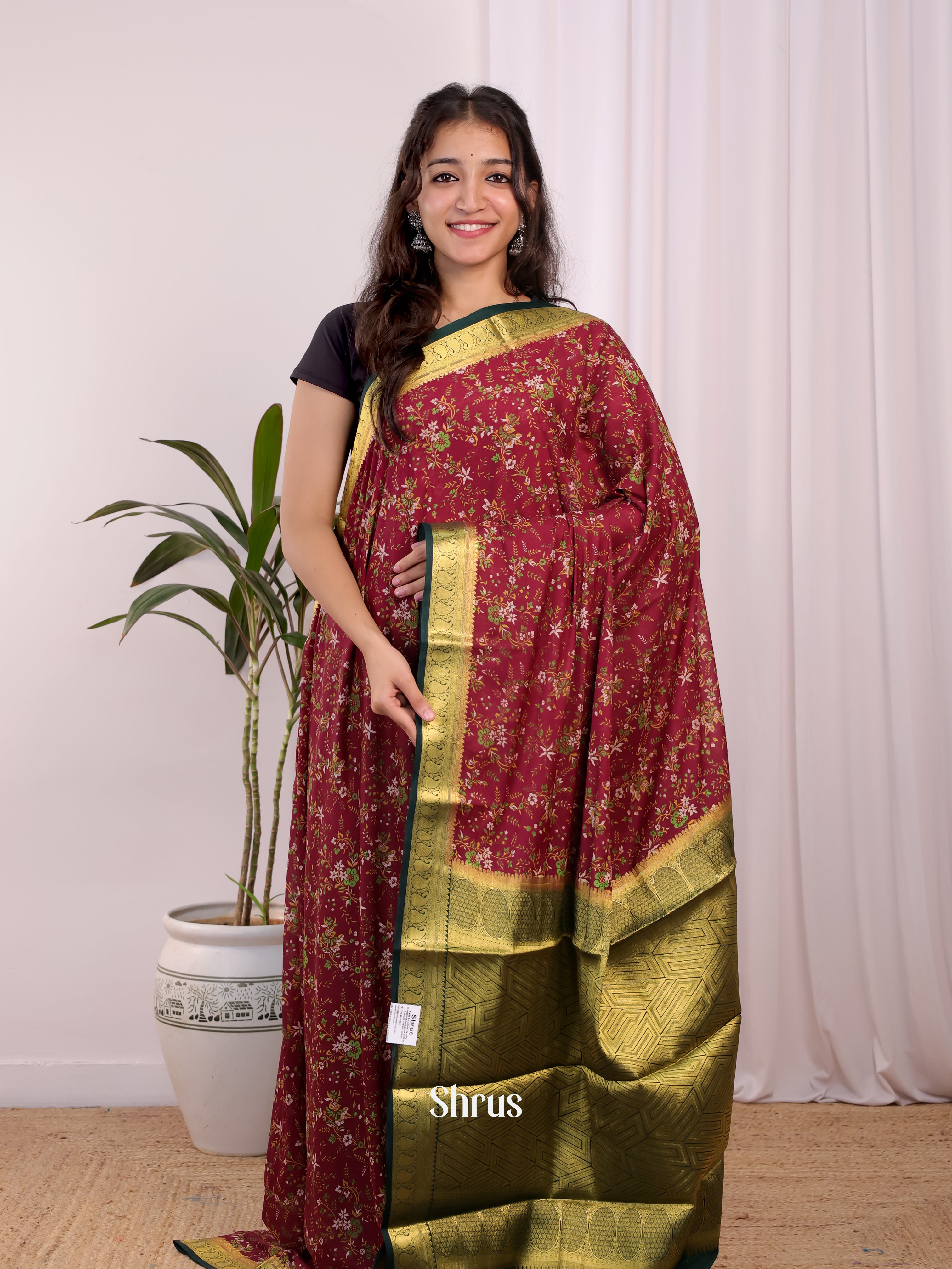 Maroon & Green - Semi Mysoresilk Saree