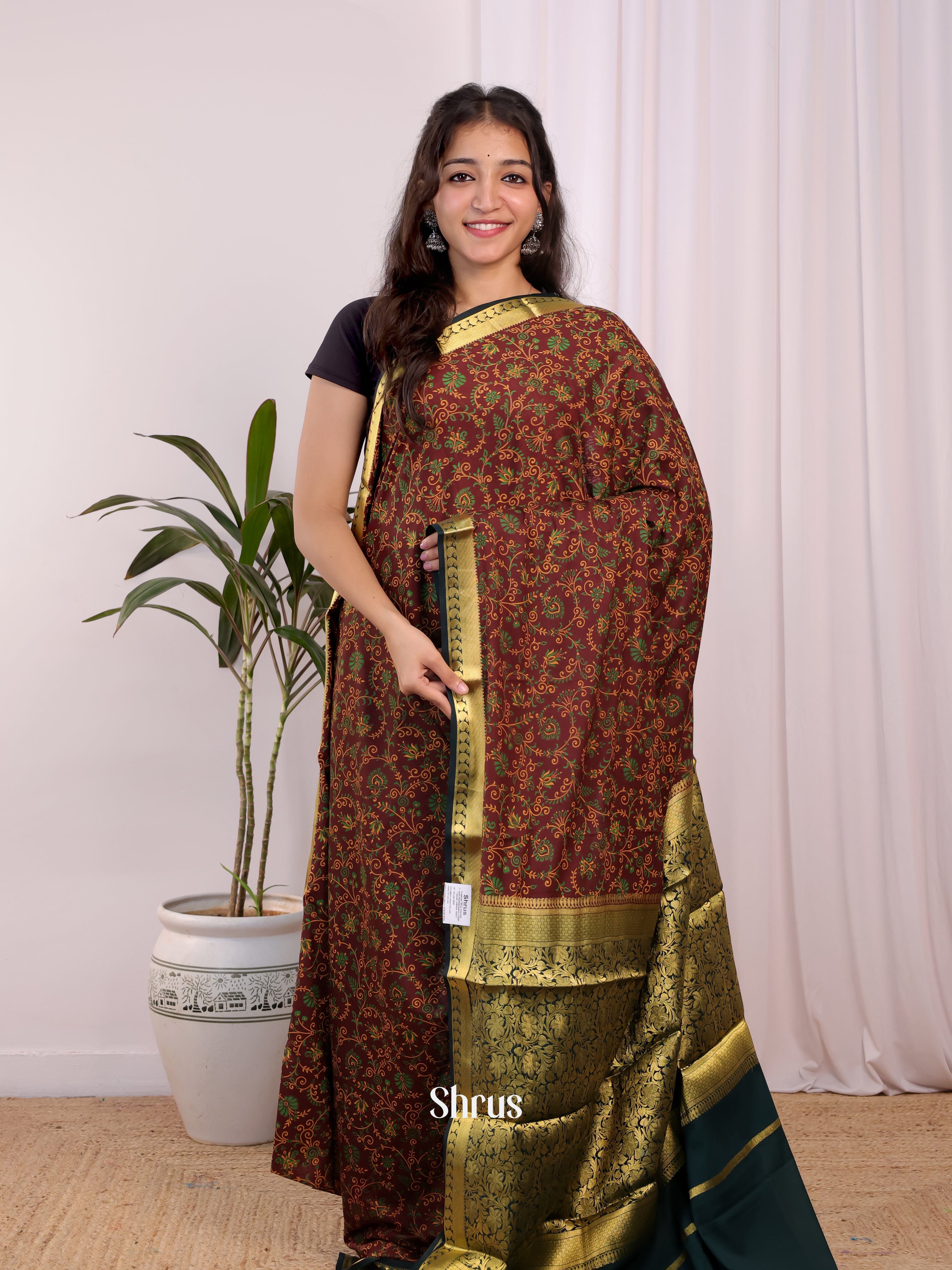 Maroon & Green - Semi Mysoresilk Saree