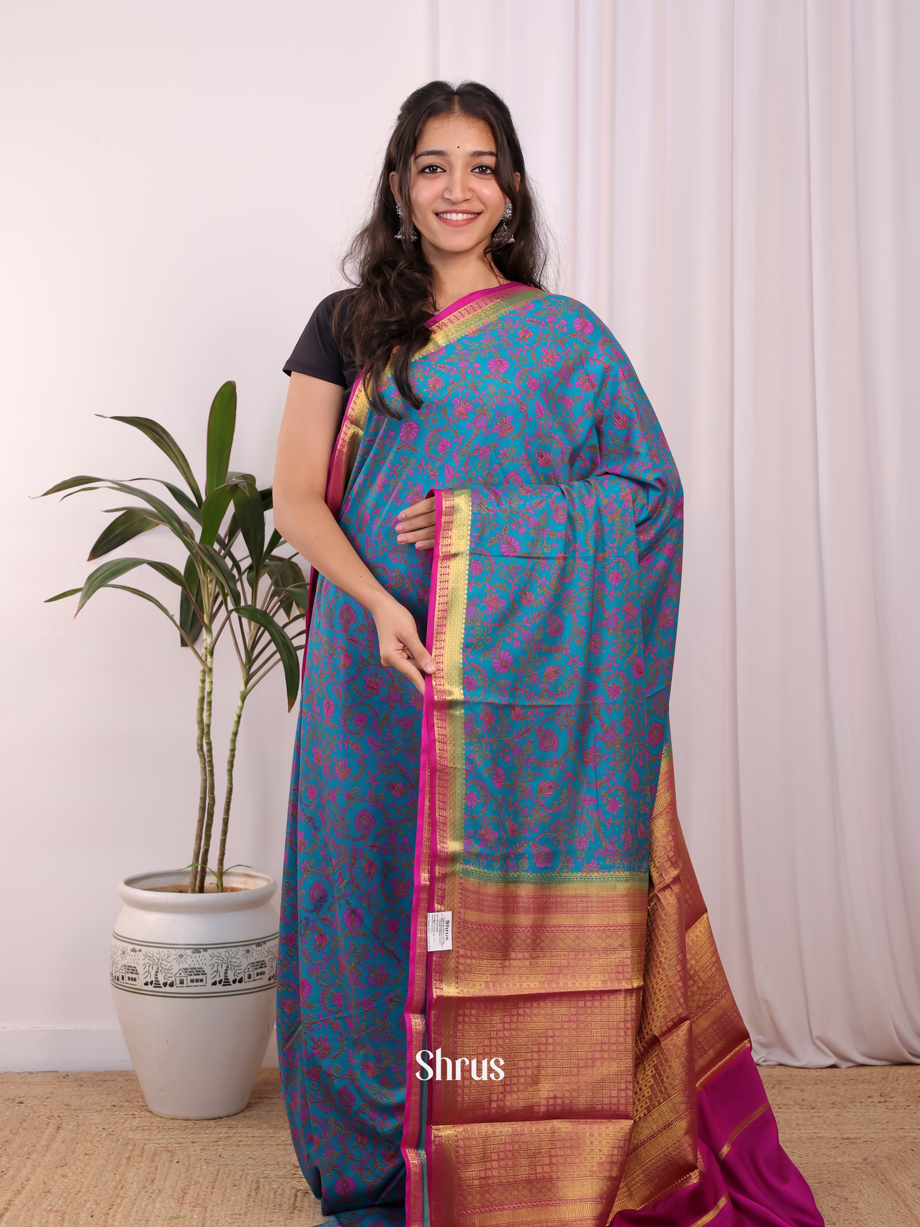 Blue & Pink - Semi Mysoresilk Saree