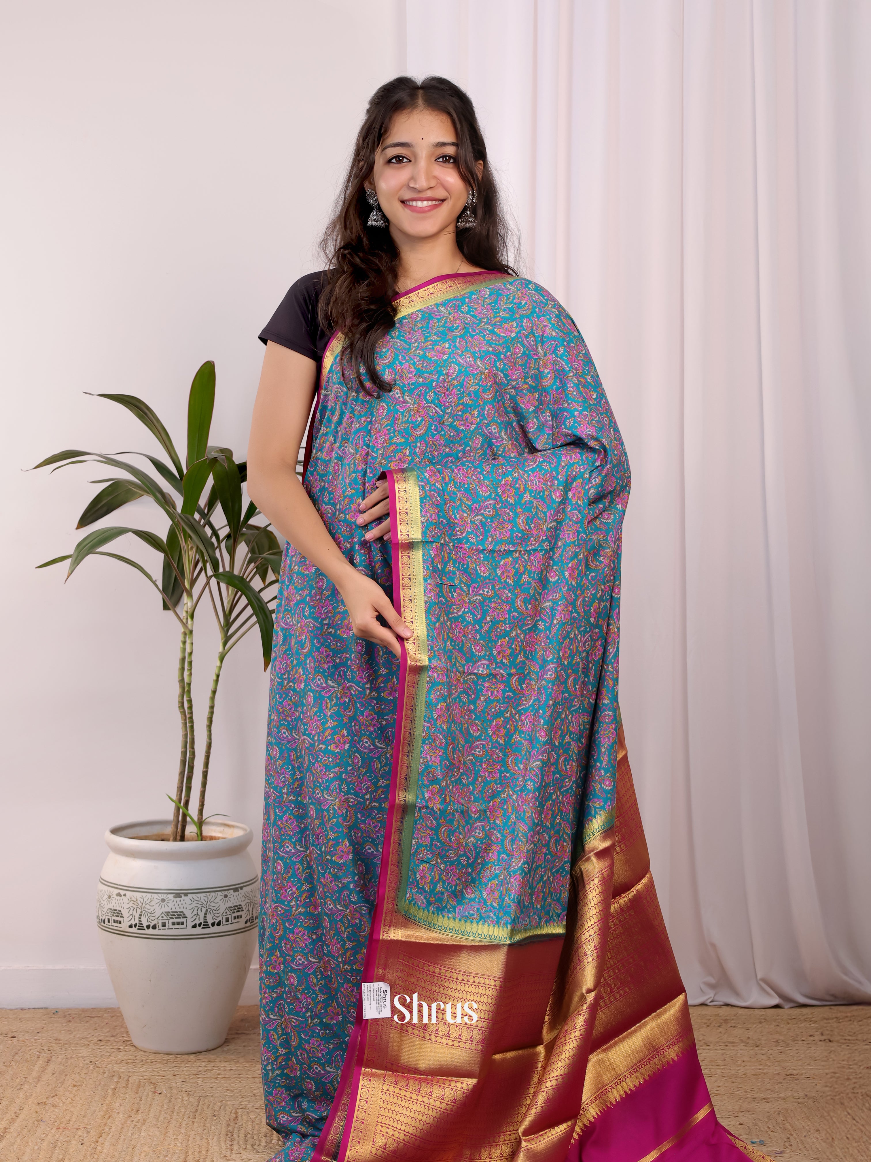 Blue &  Pink- Semi Mysoresilk Saree