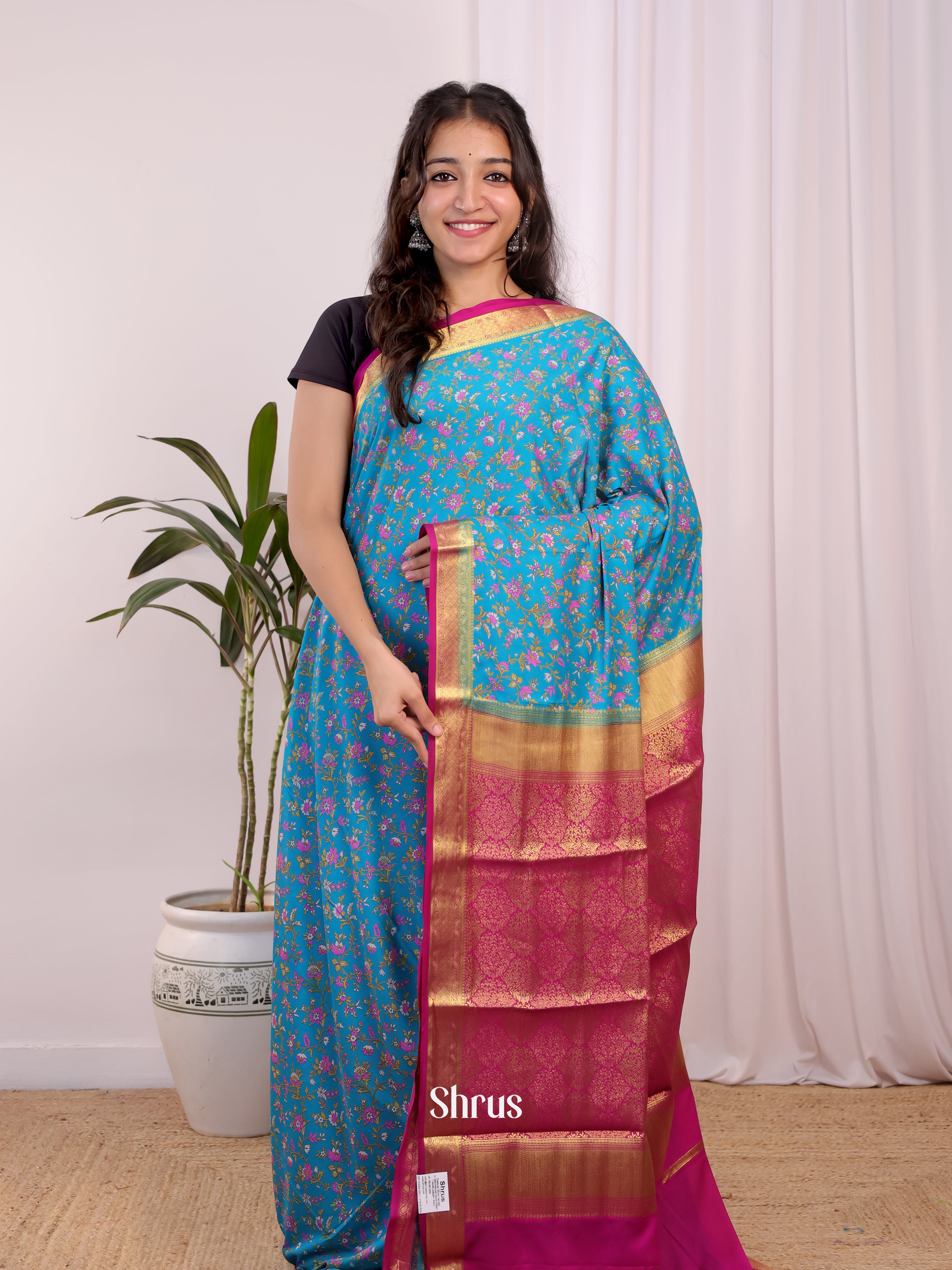 Blue & Pink- Semi Mysoresilk Saree