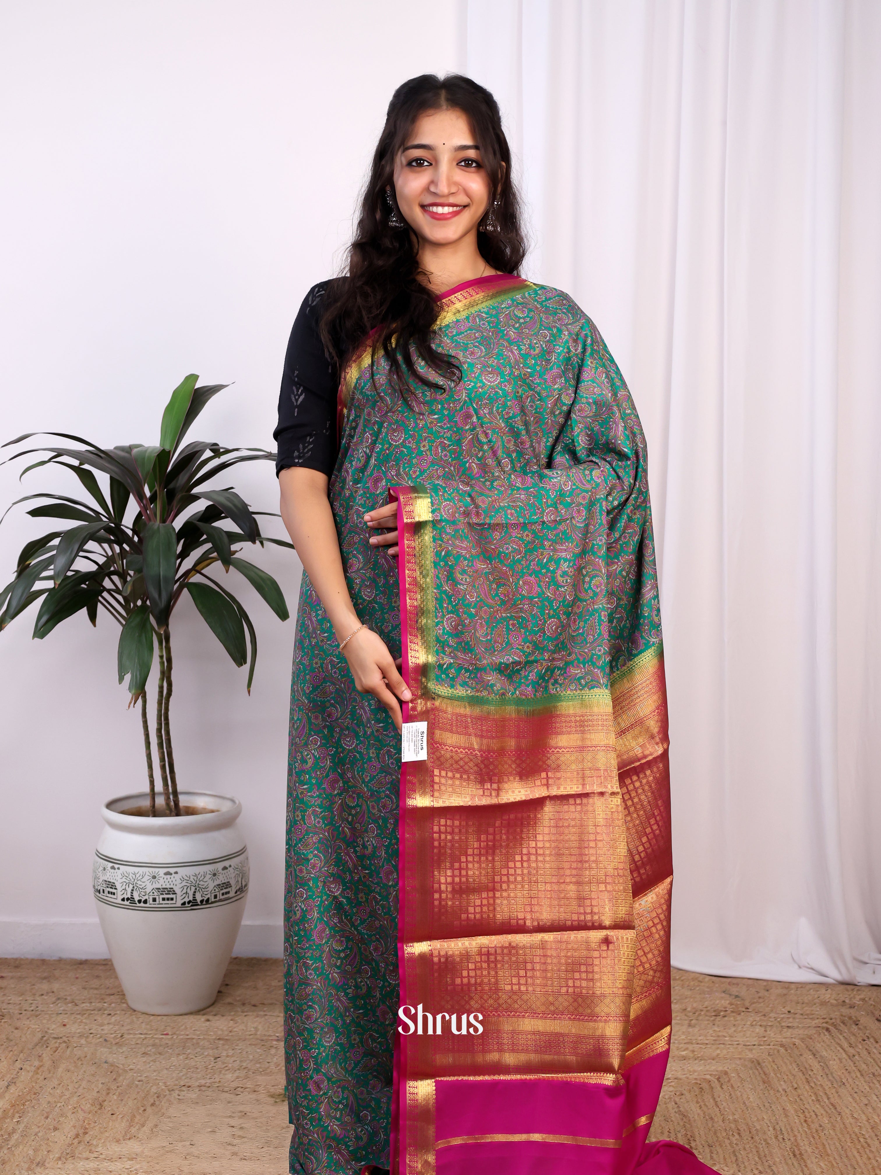 Green &  Pink- Semi Mysoresilk Saree