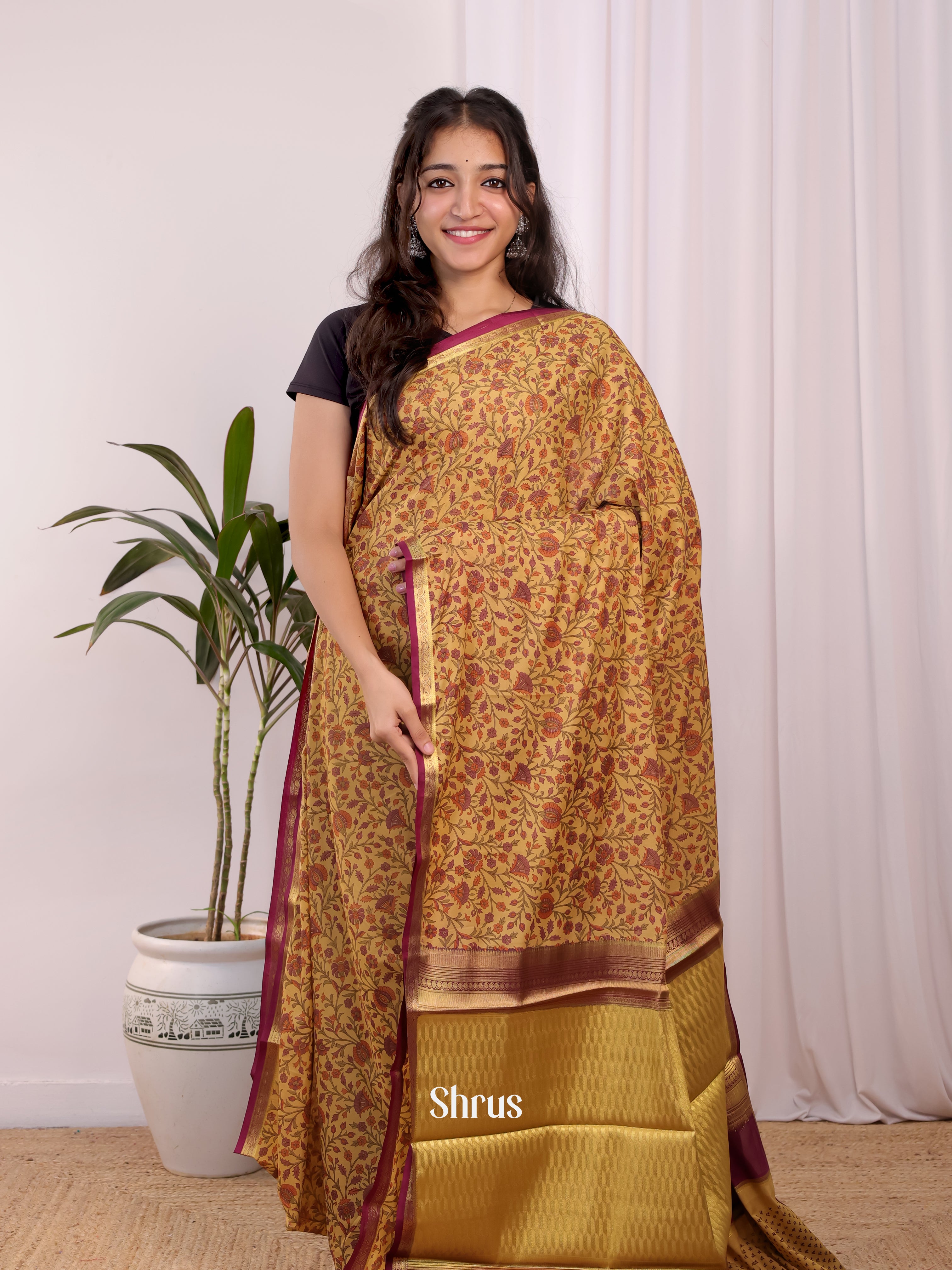 Beige & Mustard - Semi Mysoresilk Saree