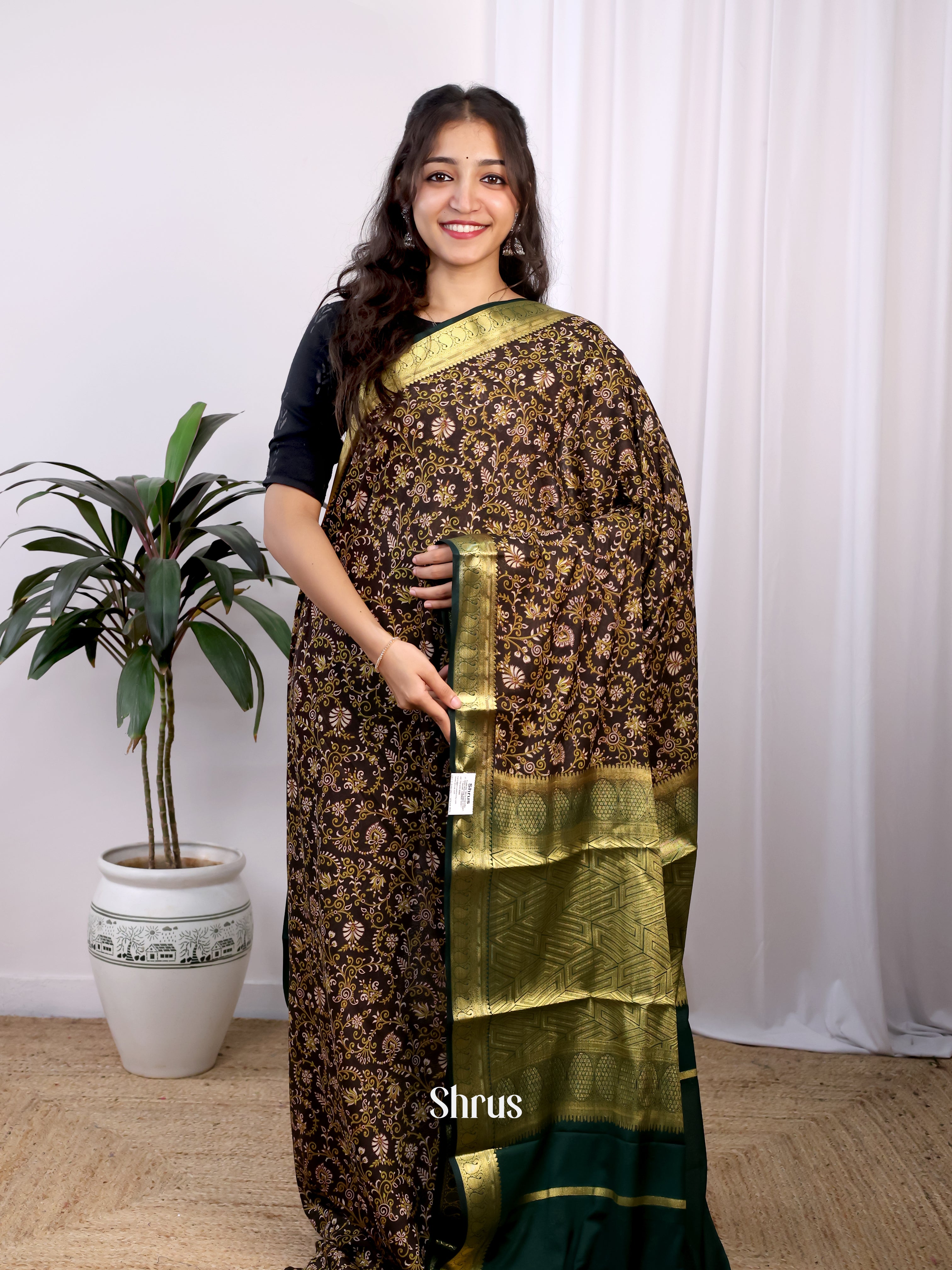 Brown & Green - Semi Mysoresilk Saree