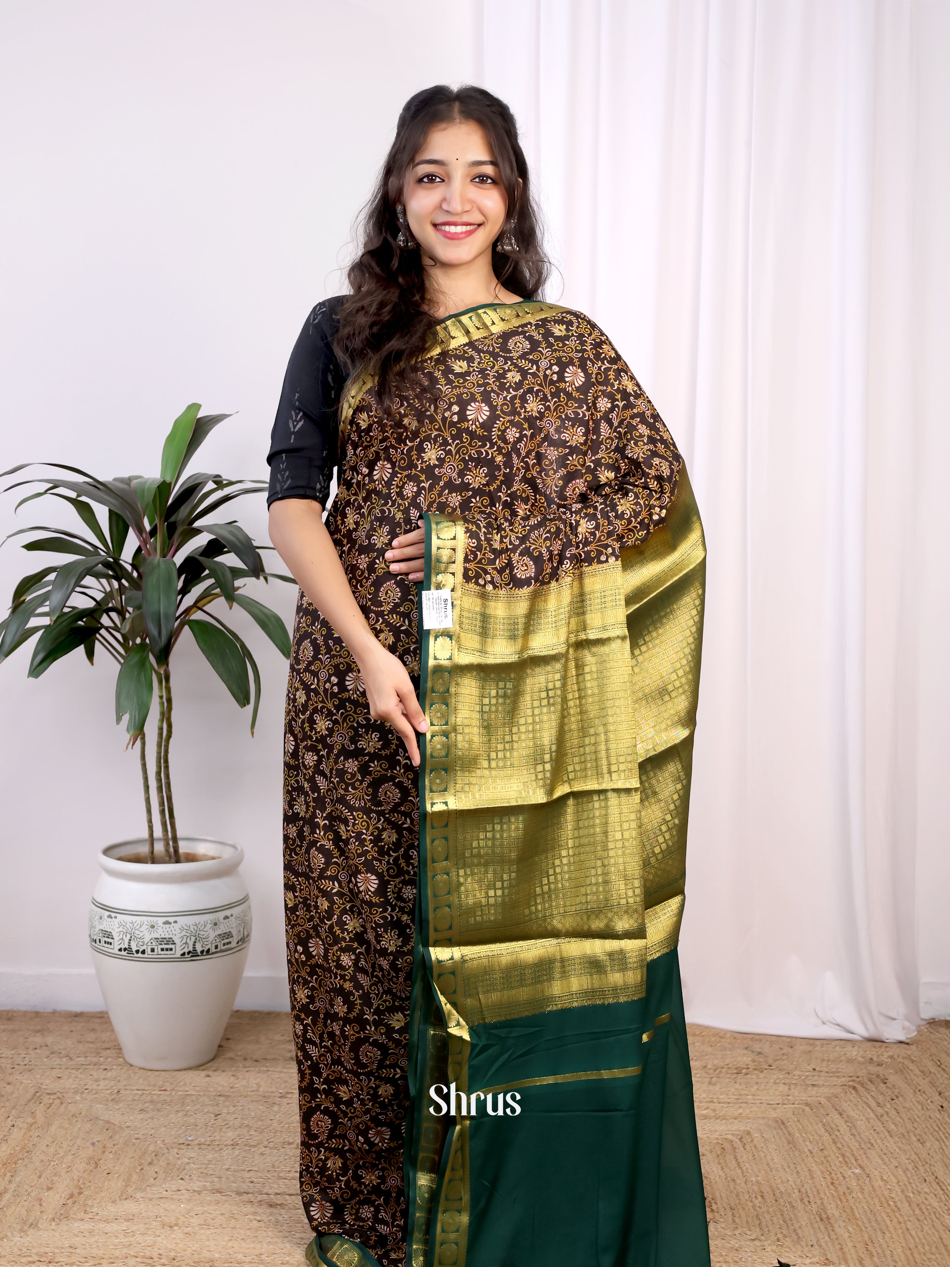 Brown & Green - Semi Mysoresilk Saree