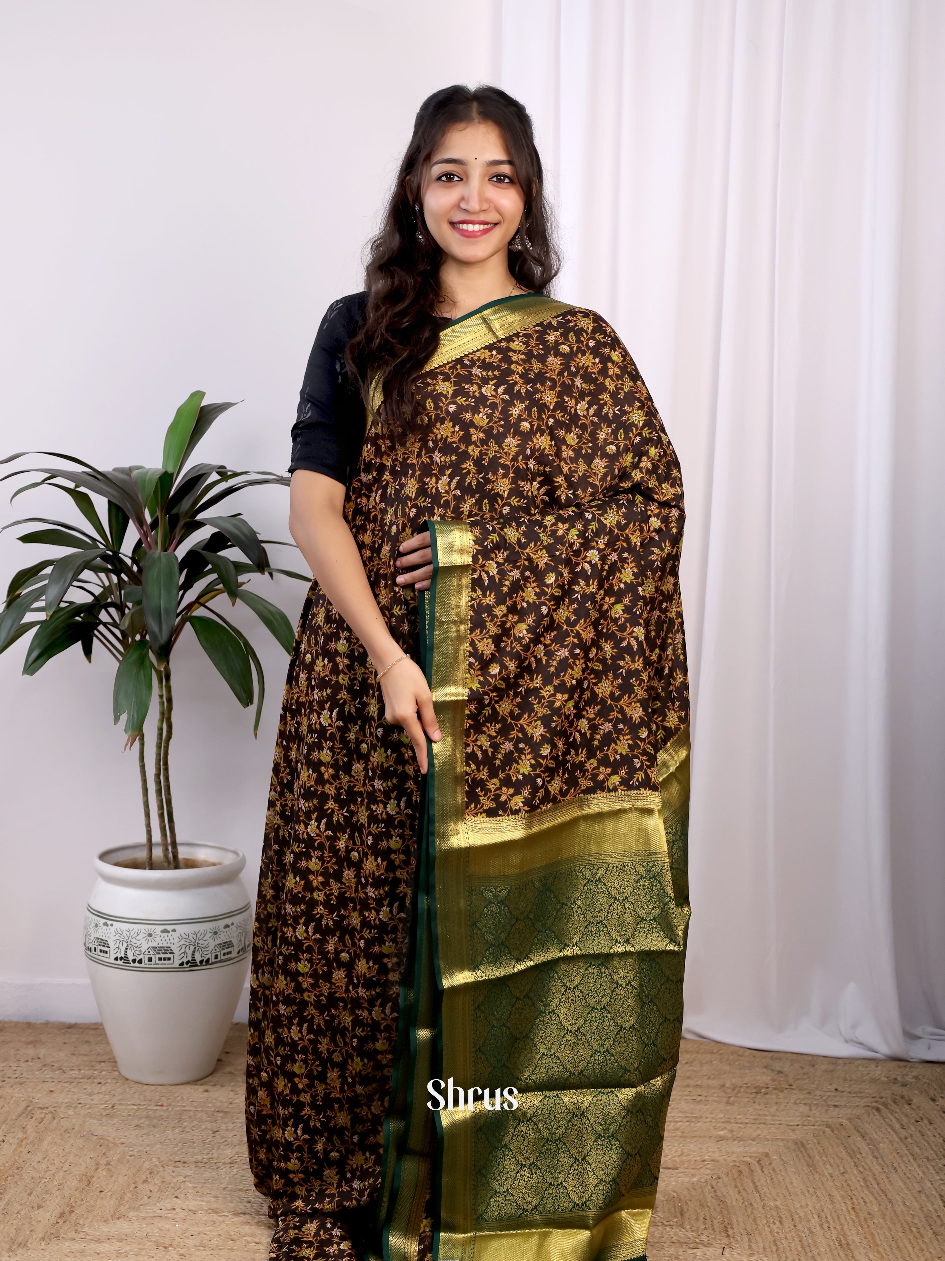 Brown & Green - Semi Mysoresilk Saree