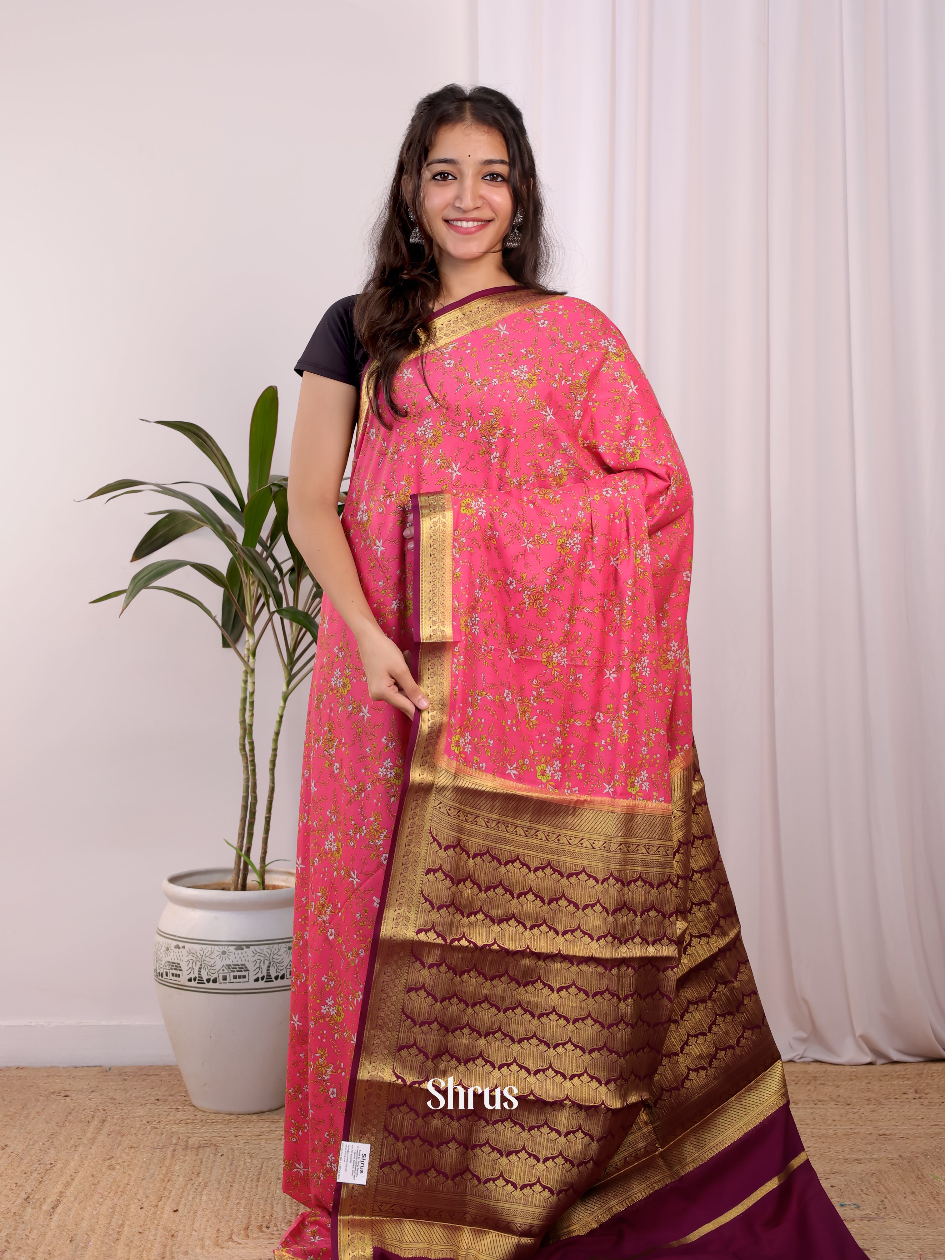 Pink & Maroon - Semi Mysoresilk Saree