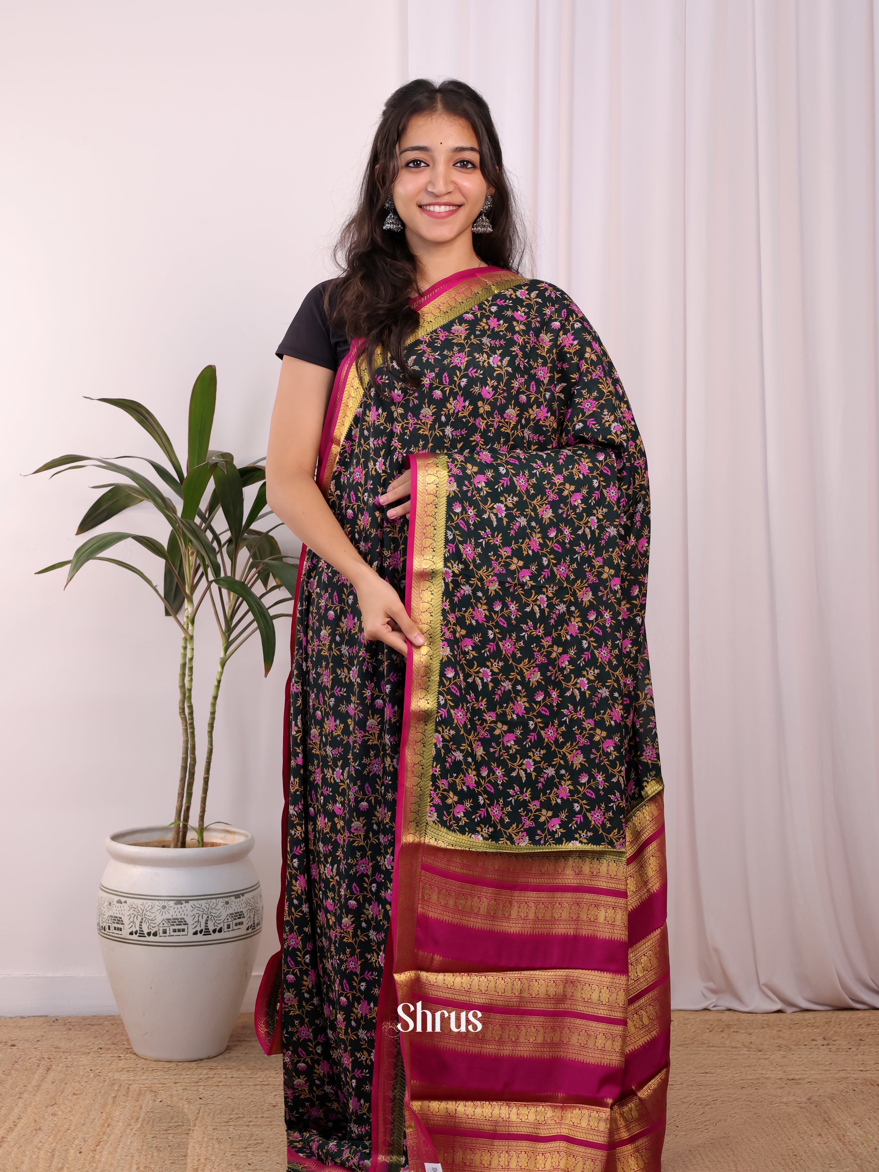 Green & Pink - Semi Mysoresilk Saree