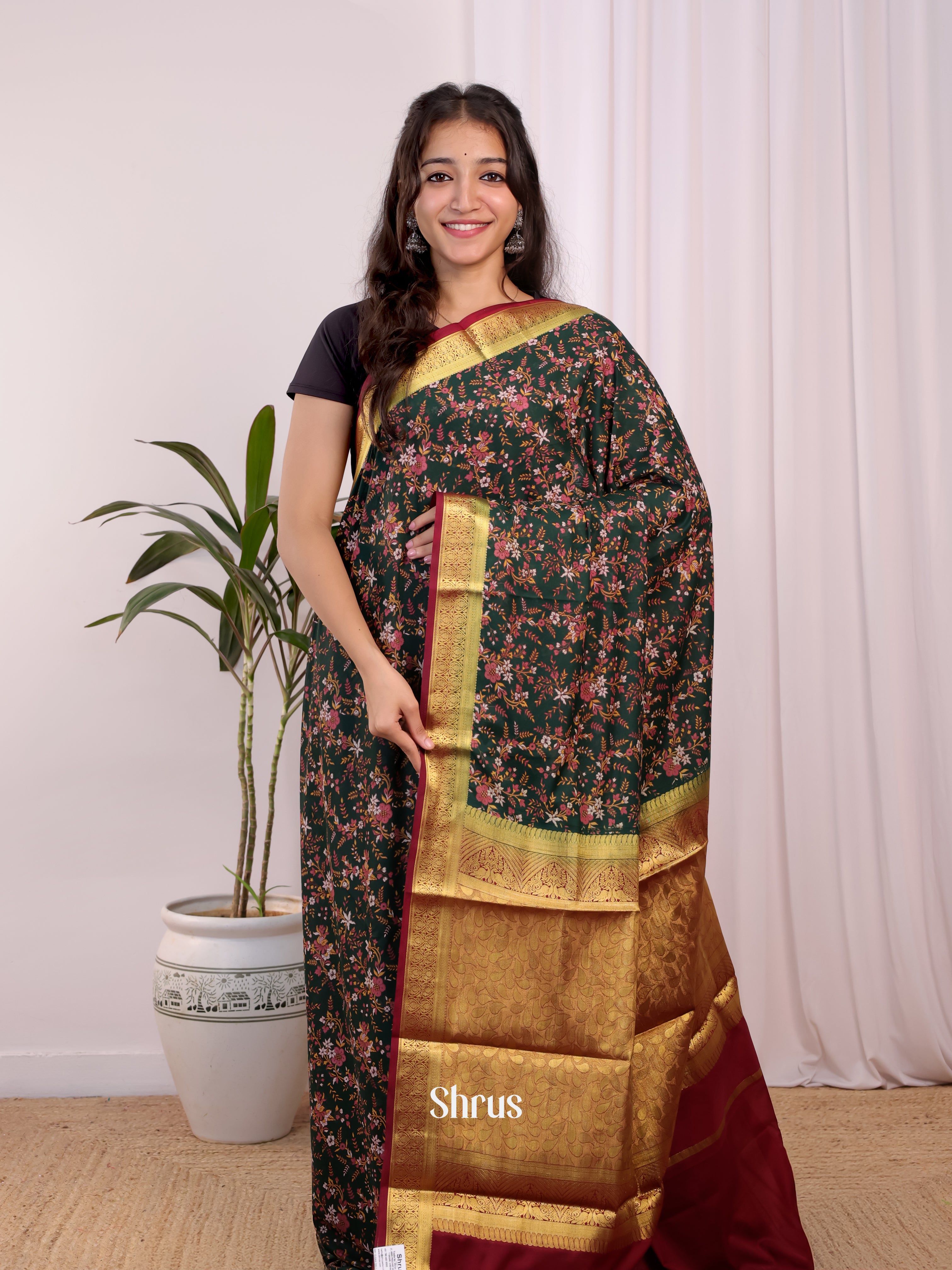 Green & Maroon - Semi Mysoresilk Saree