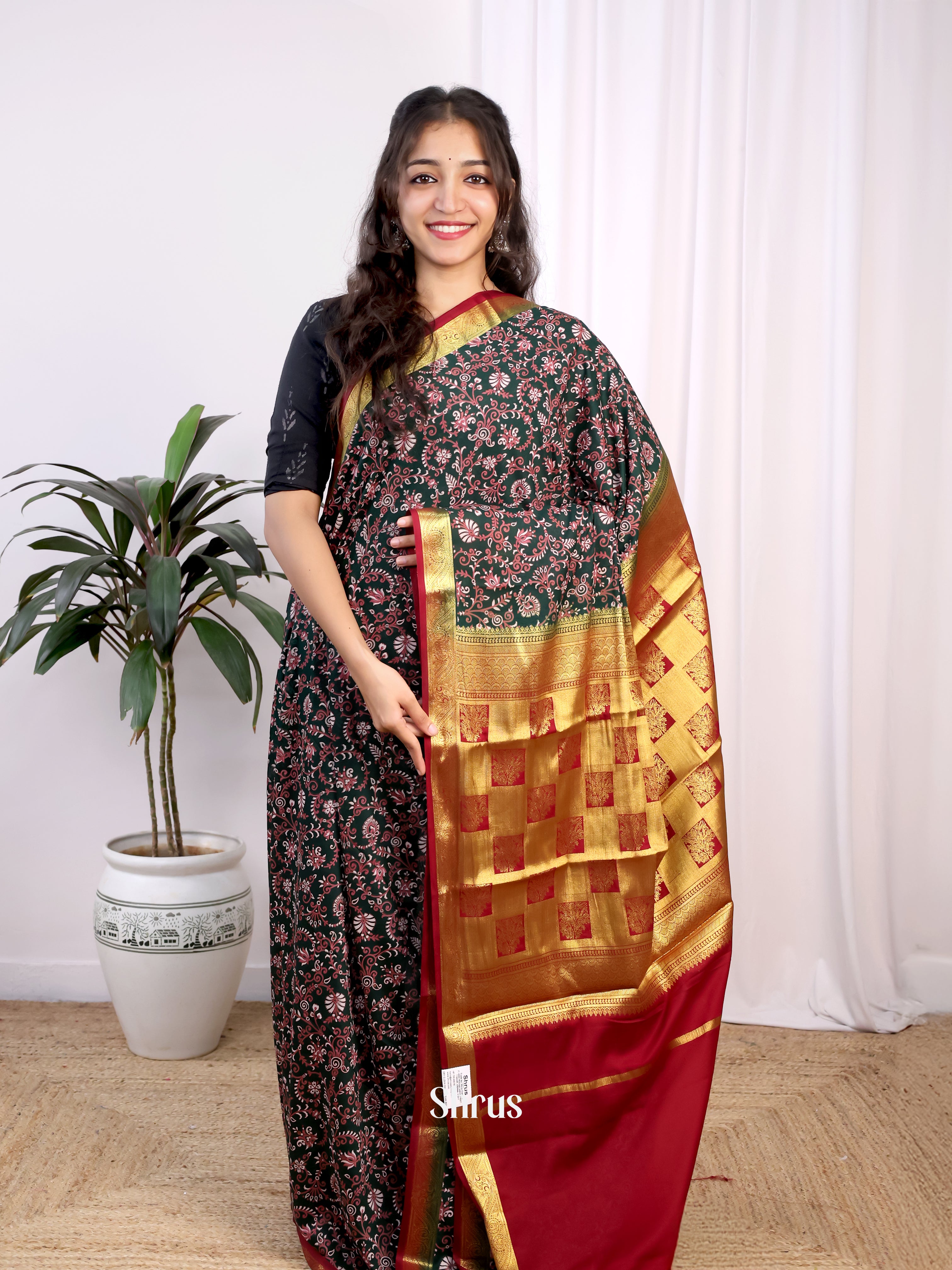 Green & Maroon - Semi Mysoresilk Saree