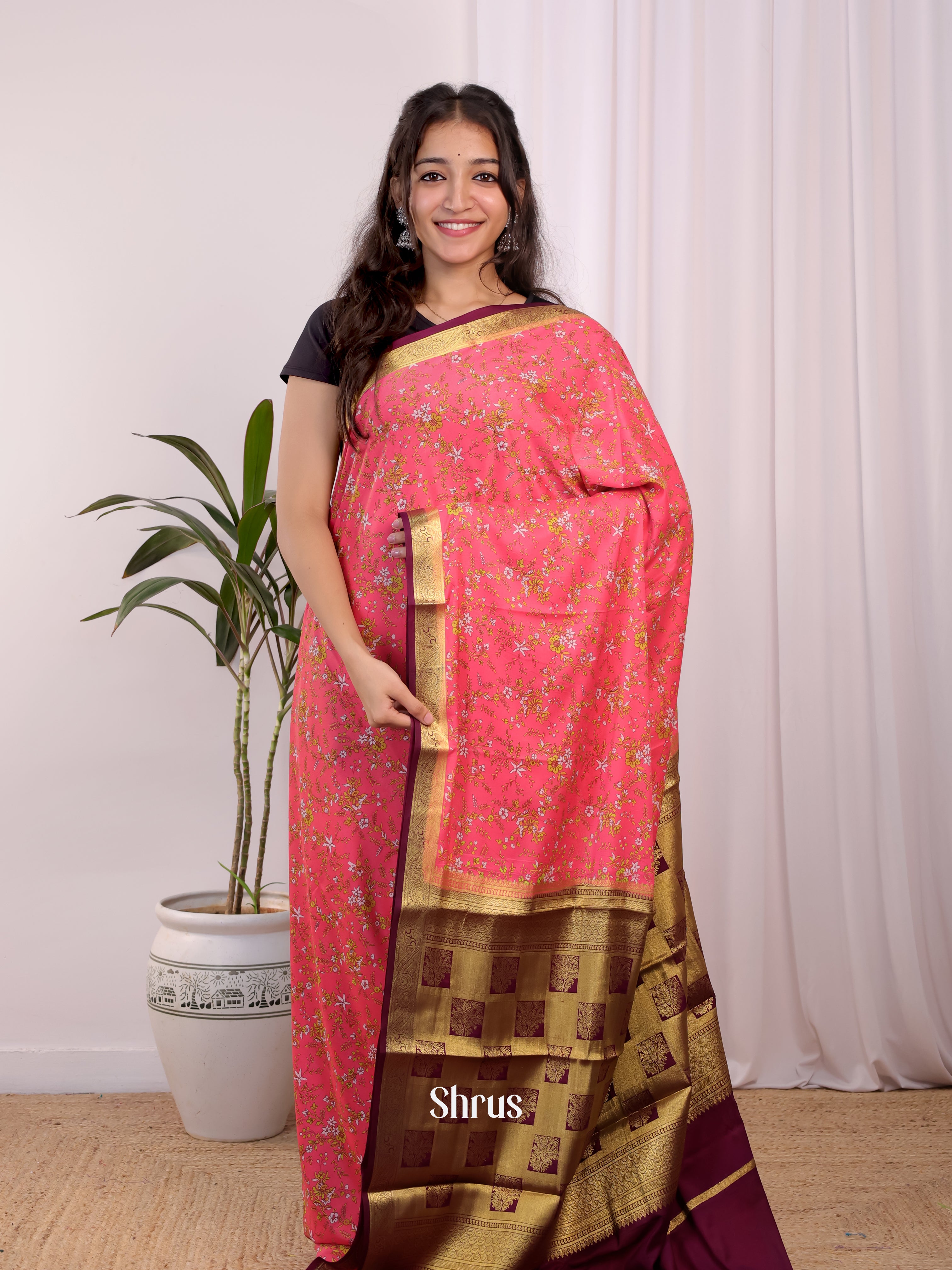 Pink & Maroon - Semi Mysoresilk Saree