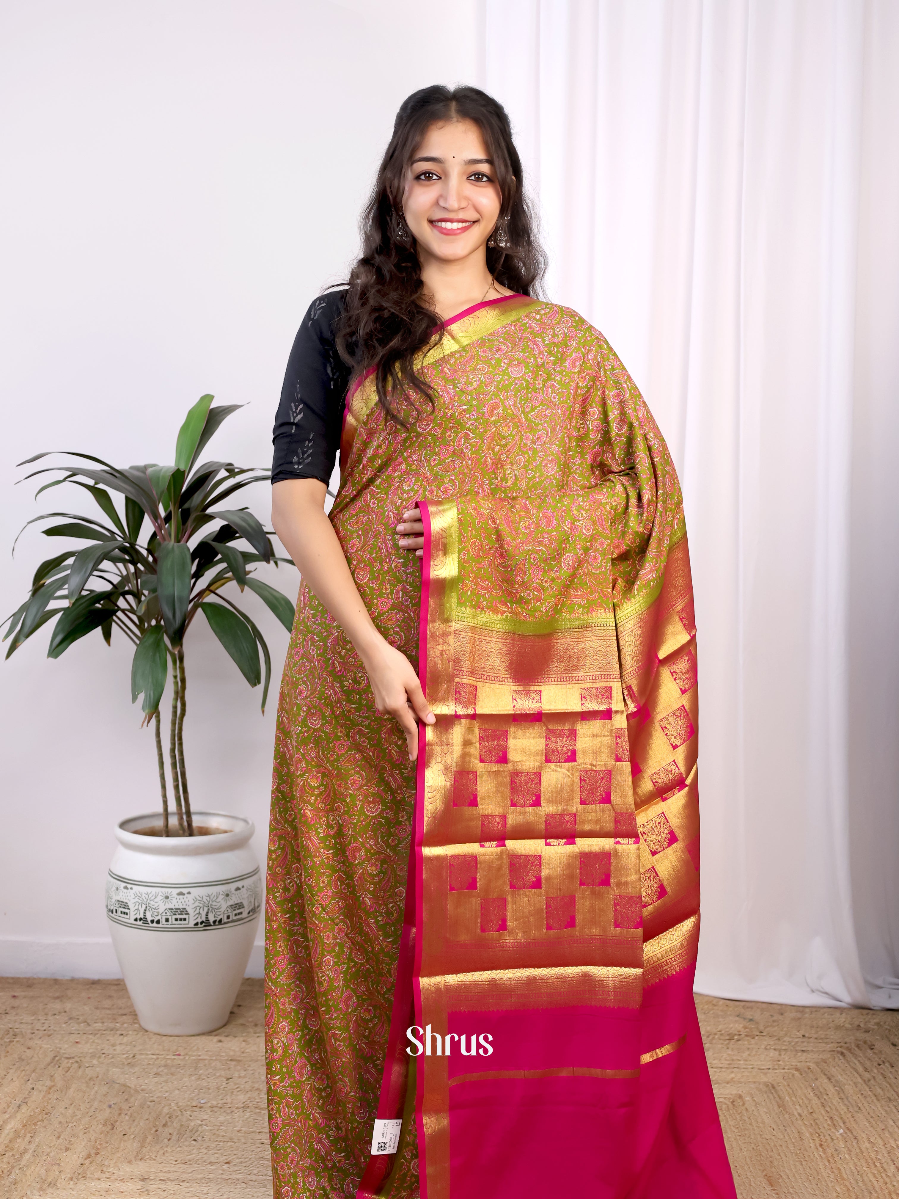 Green & Pink - Semi Mysoresilk Saree