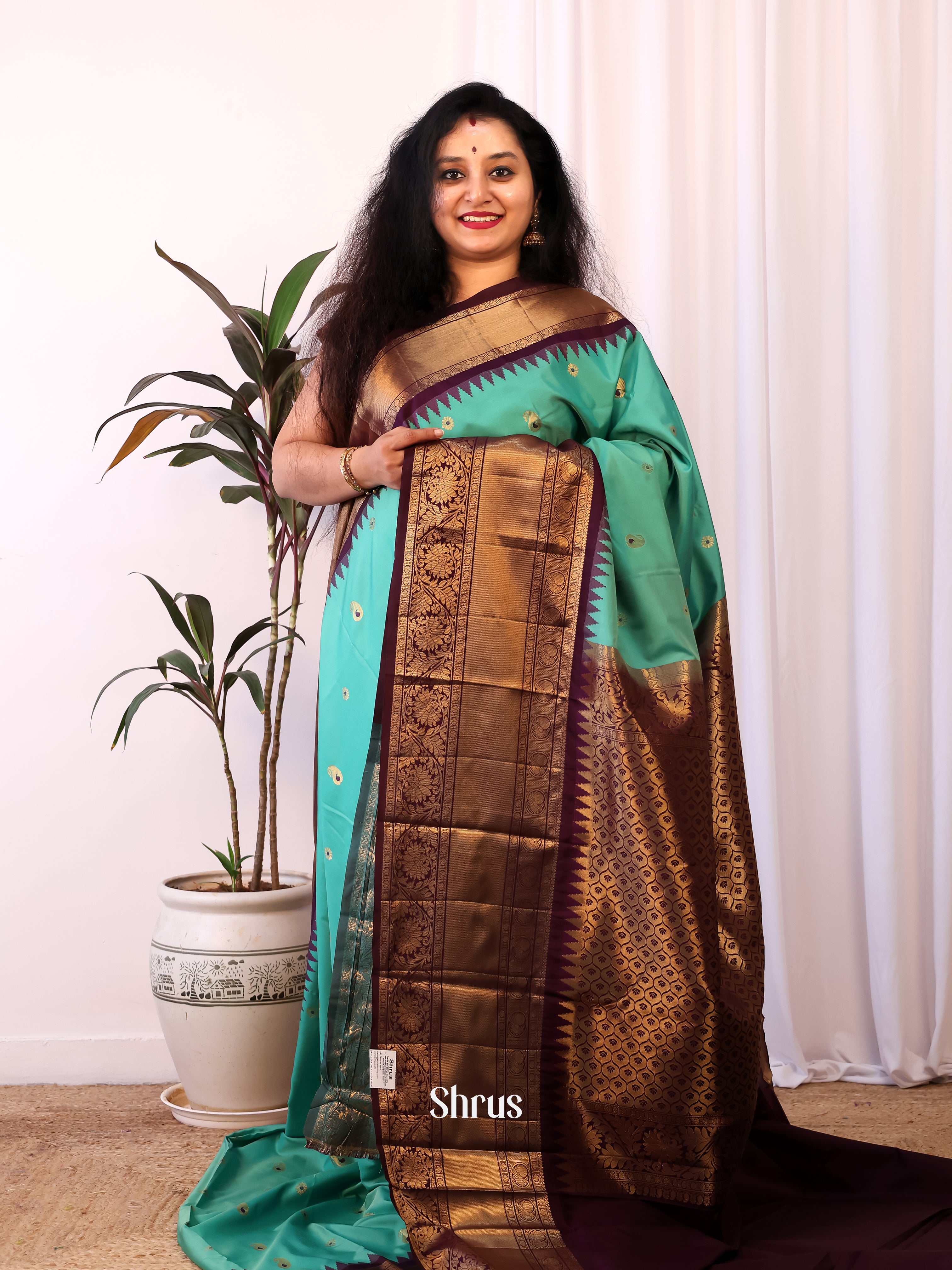 Green & Brown - Gadwal halfpure Saree