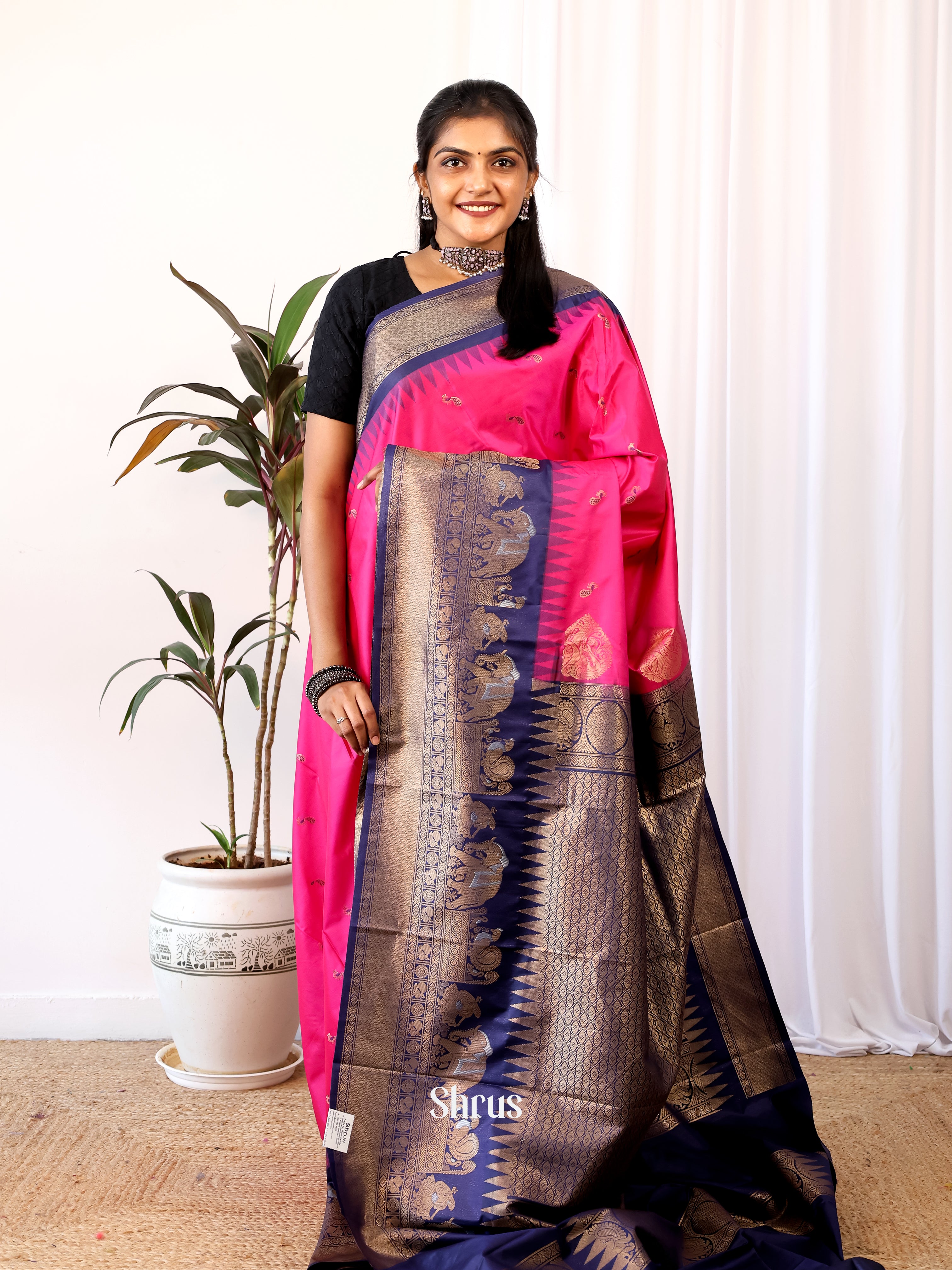 Pink & Blue - Gadwal halfpure Saree