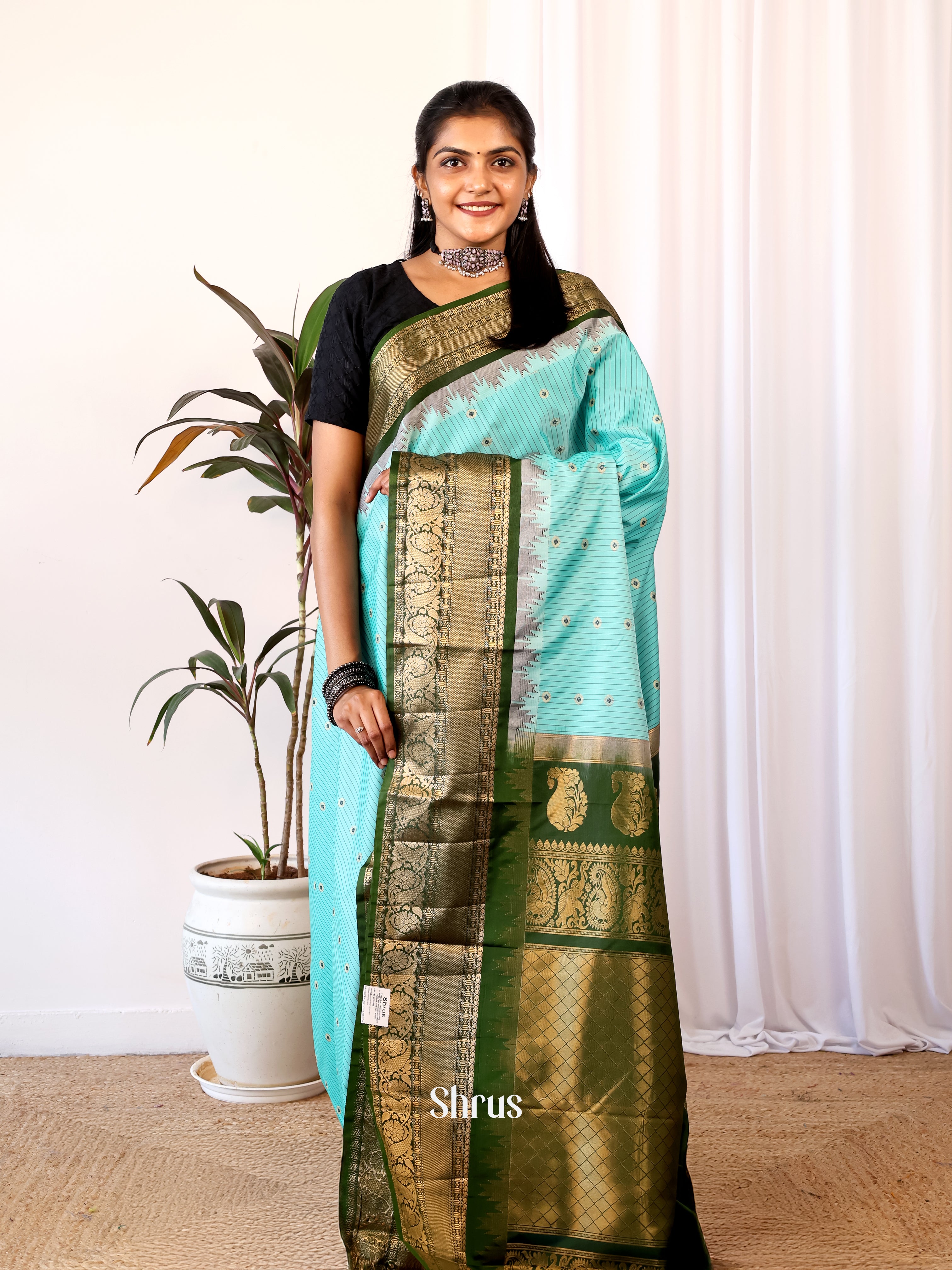 Teal & Green - Gadwal halfpure Saree