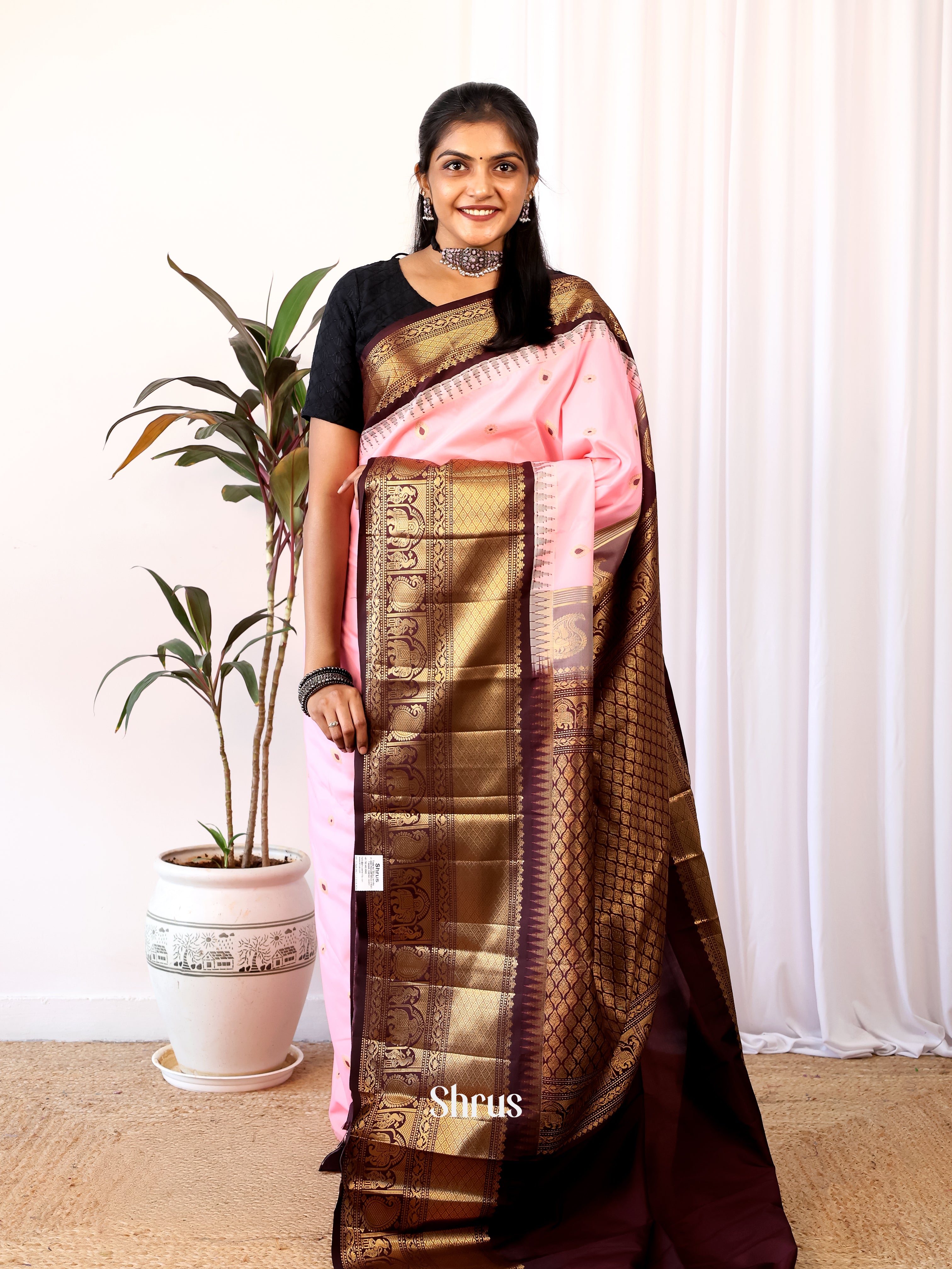 Baby pink & brown - Gadwal halfpure Saree