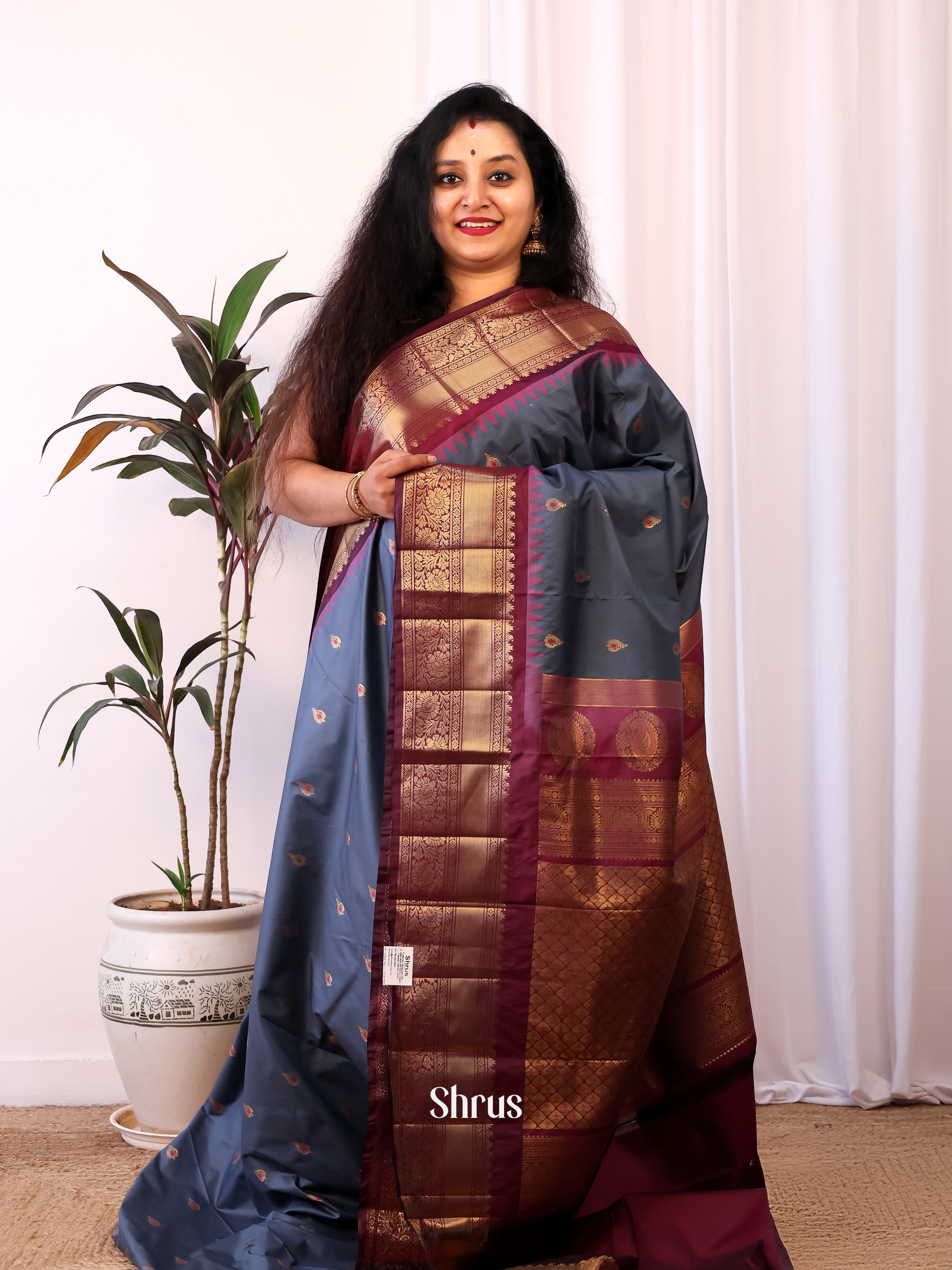 Grey & Maroon - Gadwal halfpure Saree