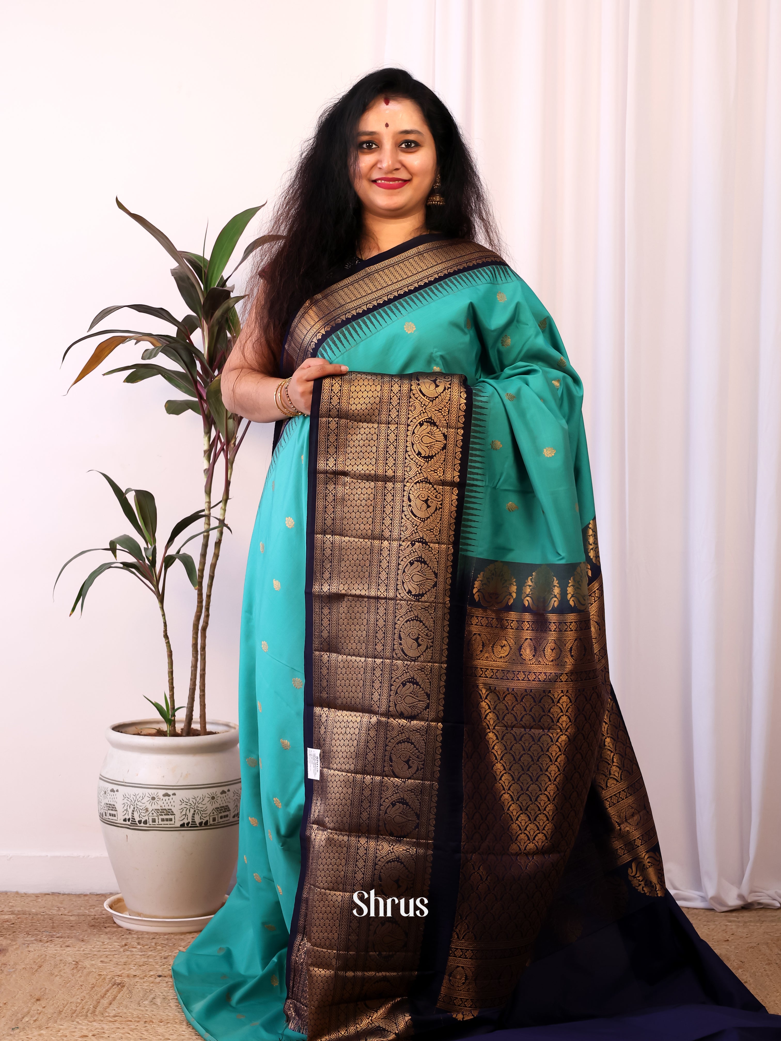 Teal Green & Blue - Gadwal halfpure Saree