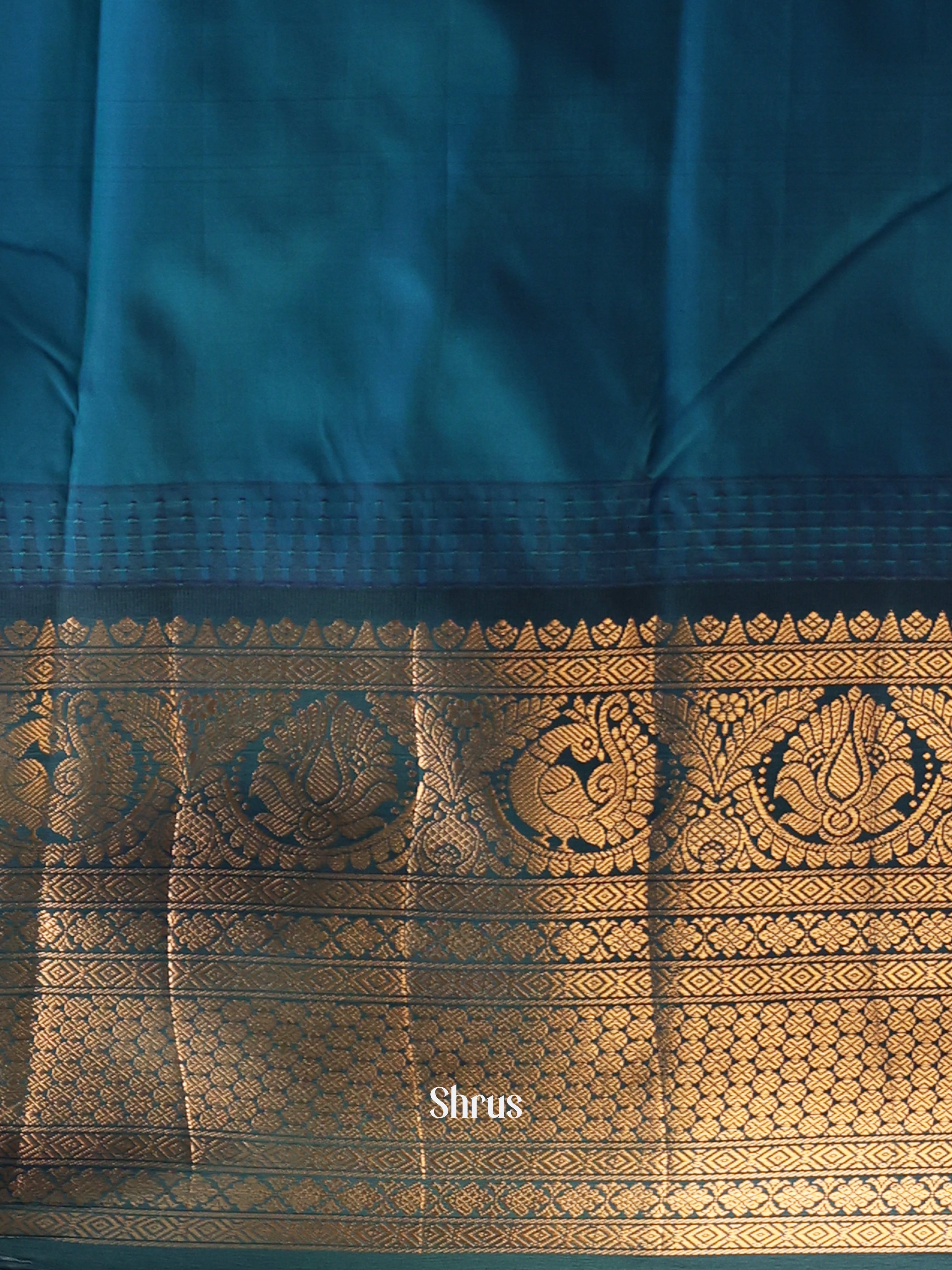 Cream & Peacock Blue - Gadwal halfpure Saree