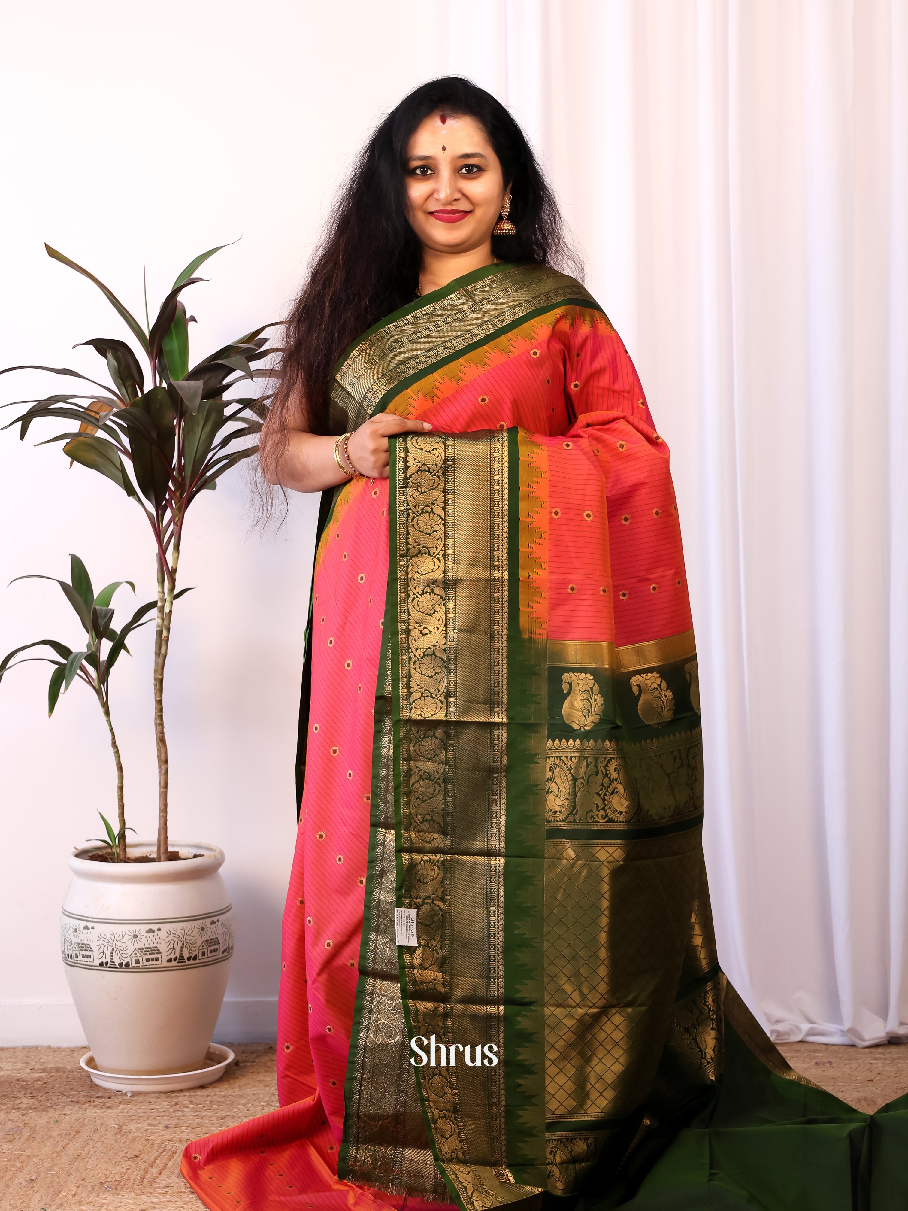 Orangish Pink & Green - Gadwal halfpure Saree