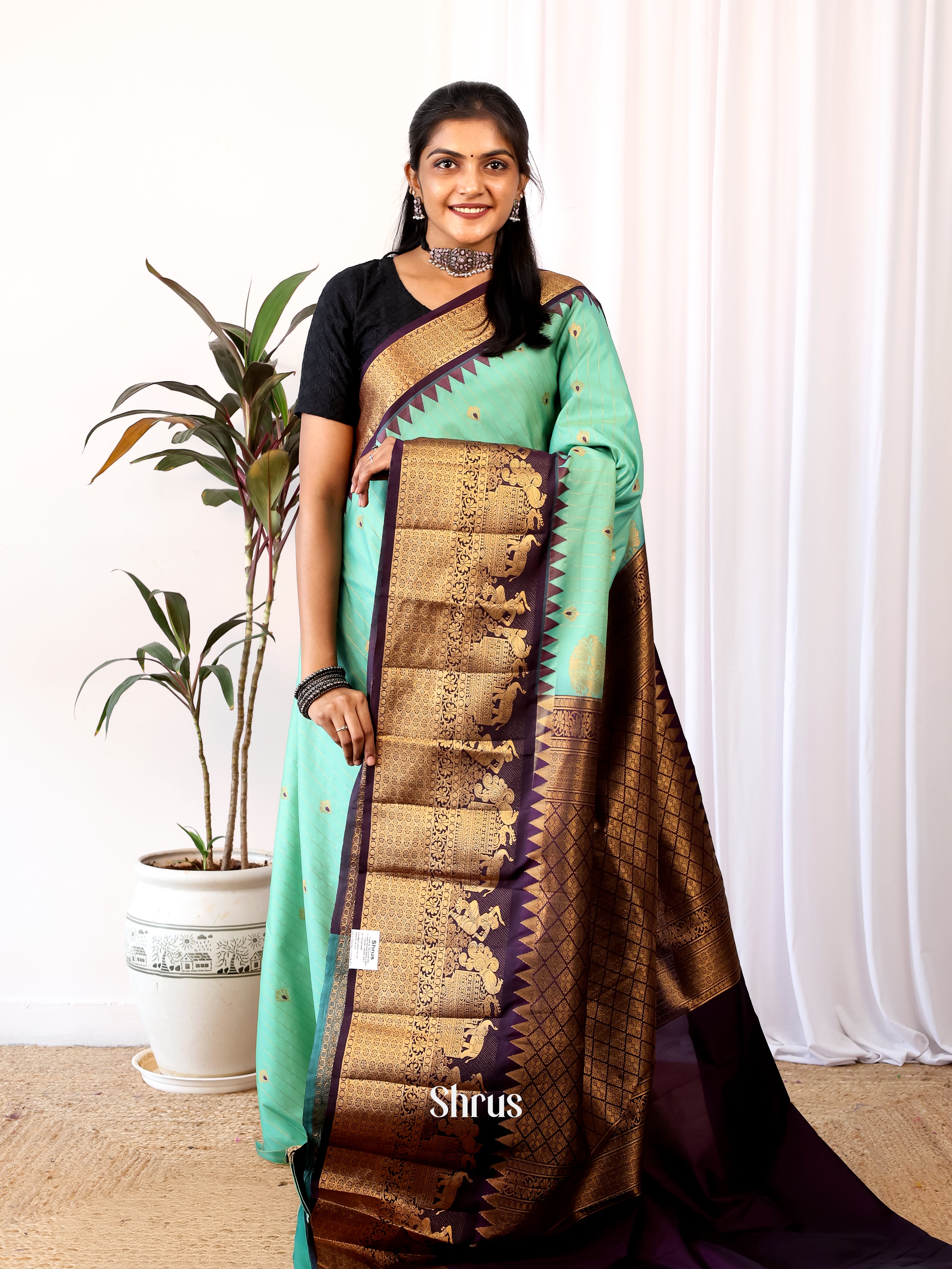 Teal Green & Purple - Gadwal halfpure Saree