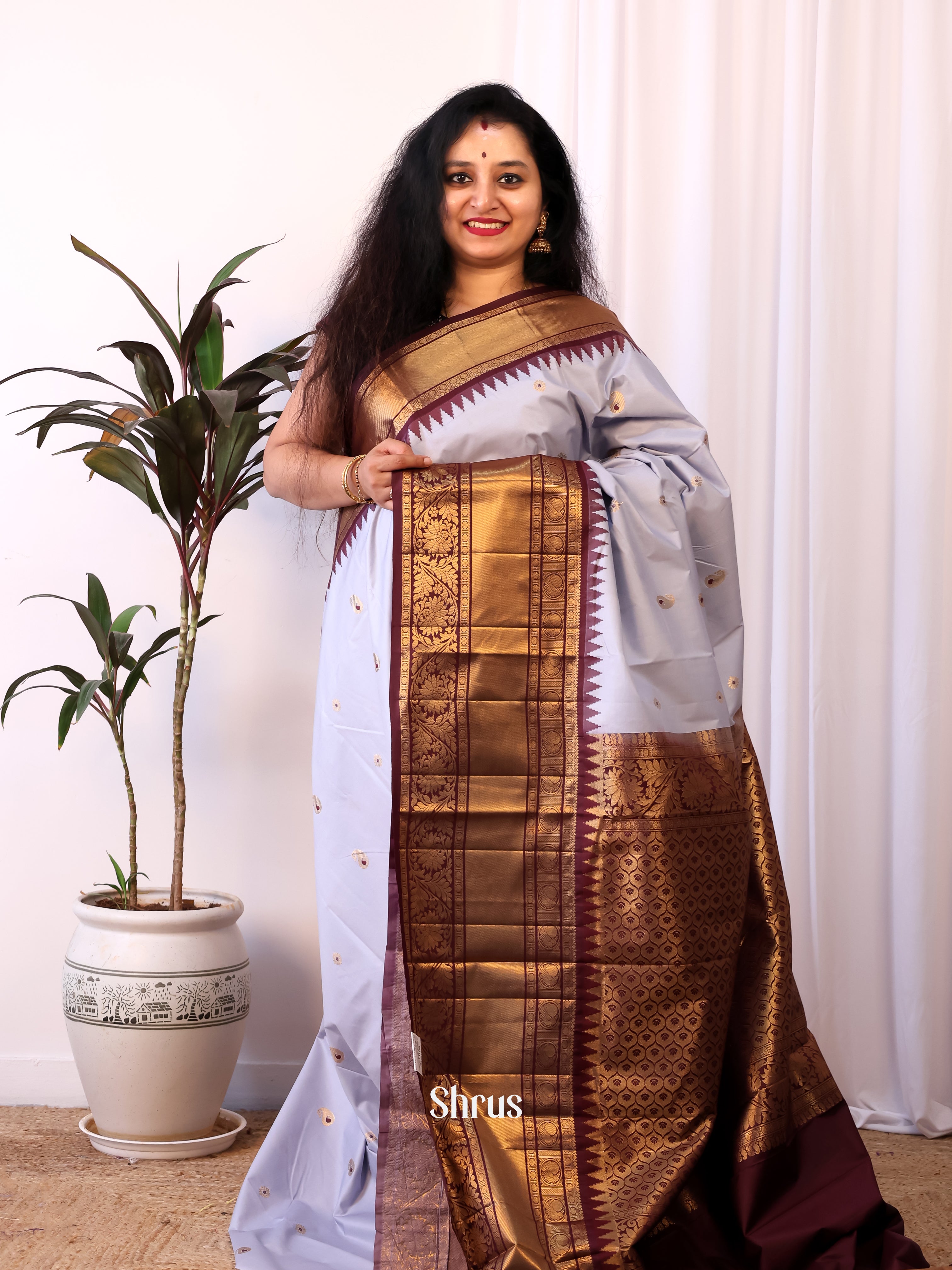 Purple & Brown  - Gadwal halfpure Saree