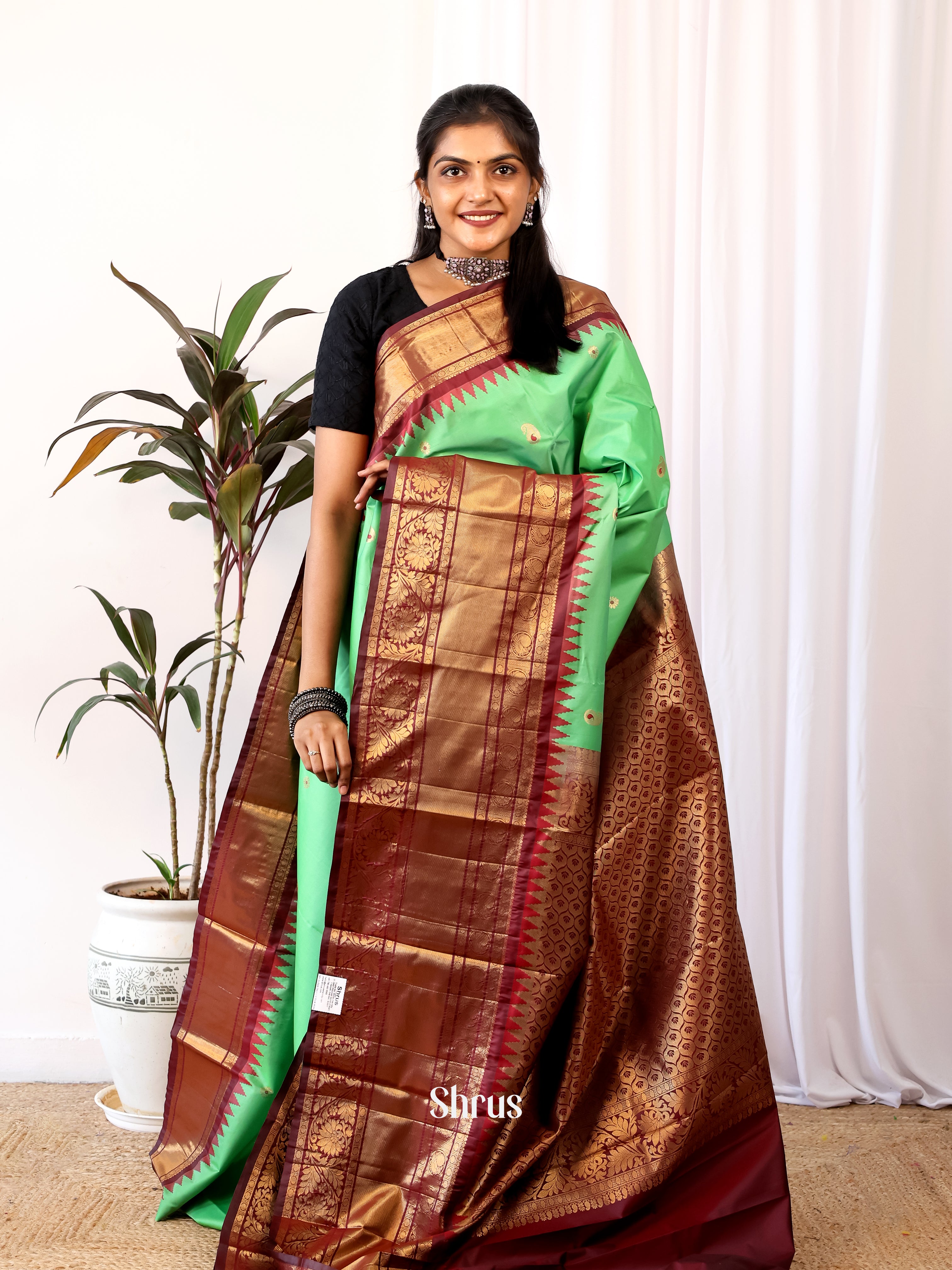 Green & Brown - Gadwal halfpure Saree