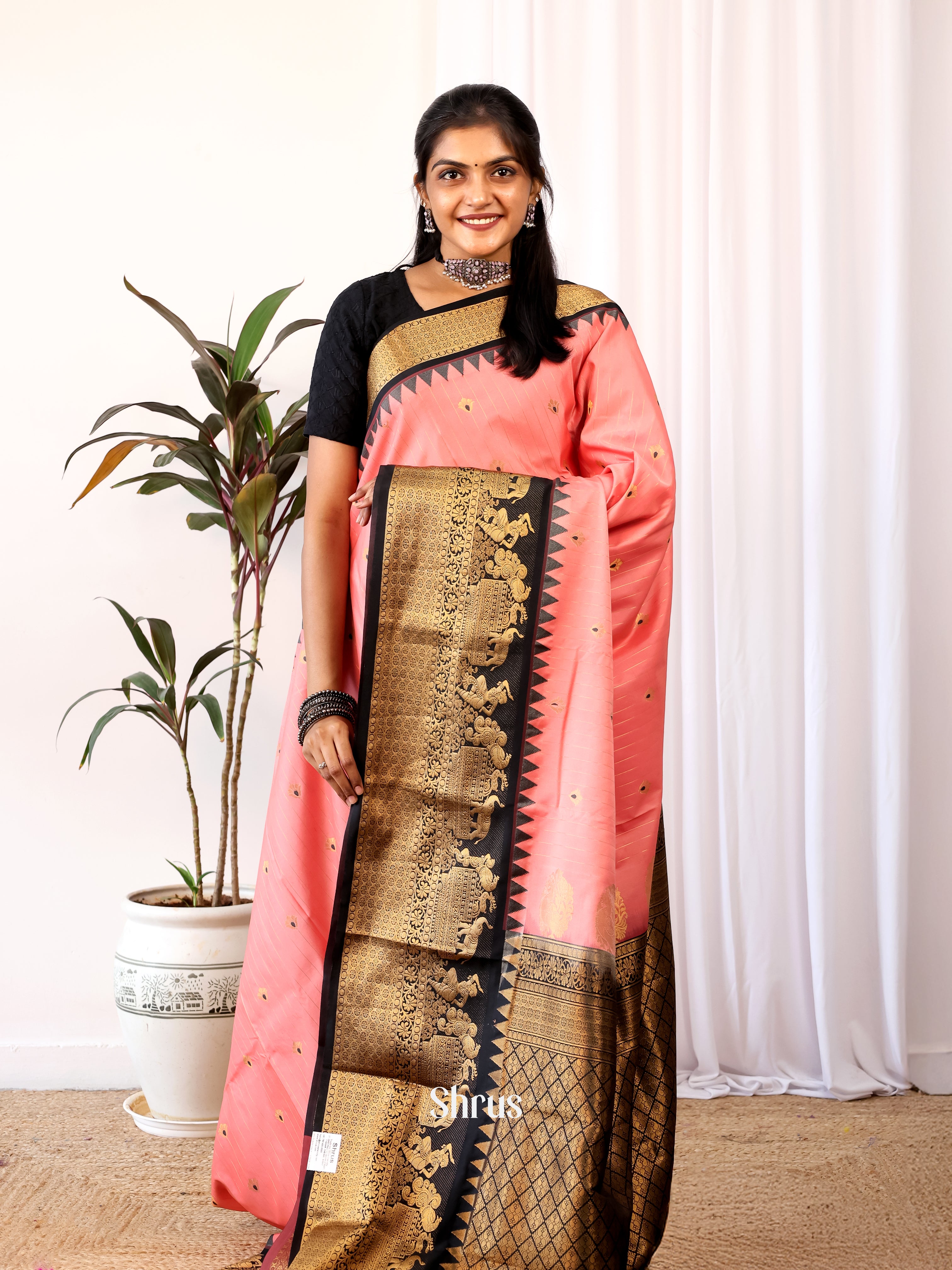 Pink  & Black  - Gadwal halfpure Saree