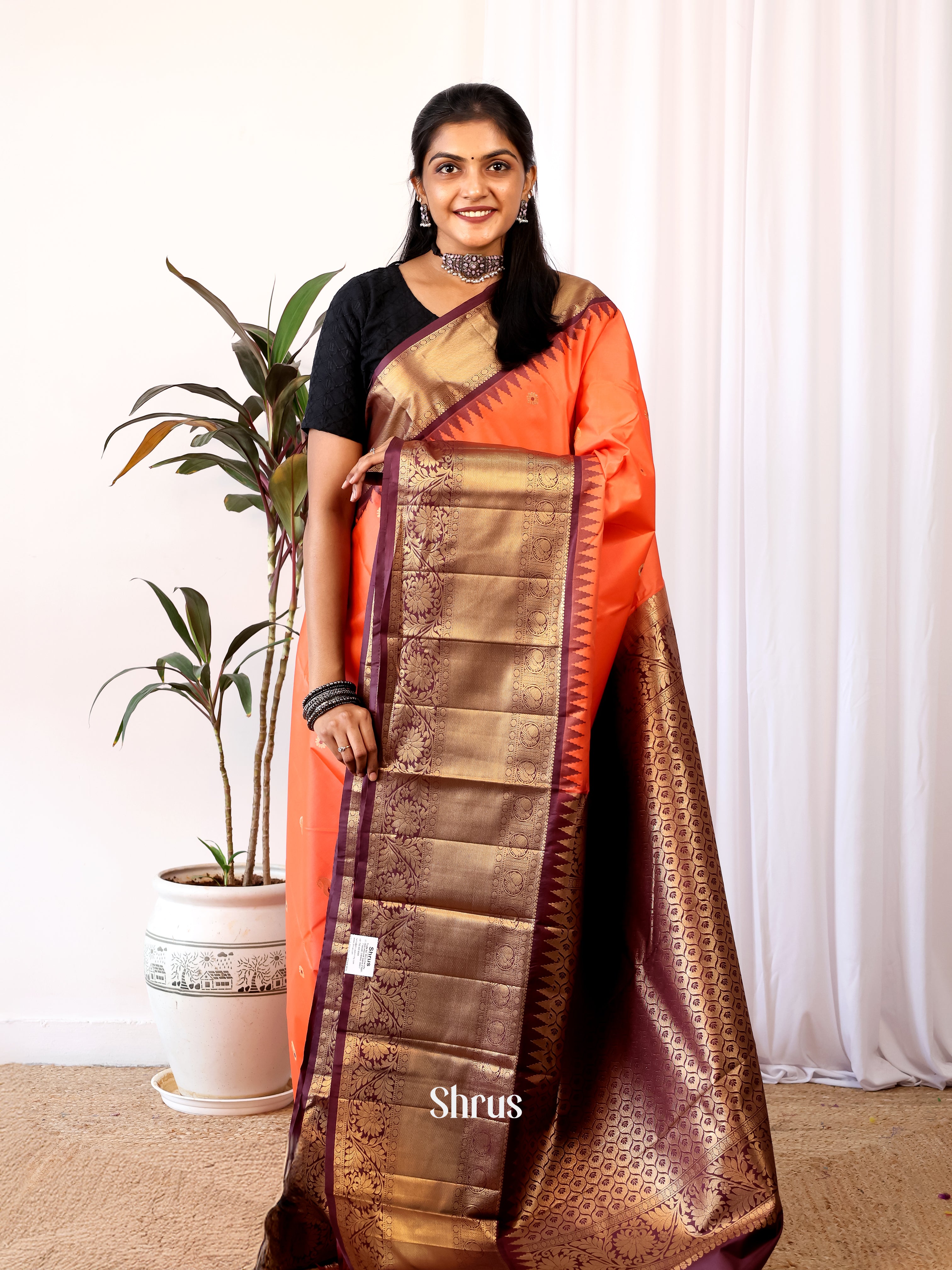 Orange & Brown - Gadwal halfpure Saree