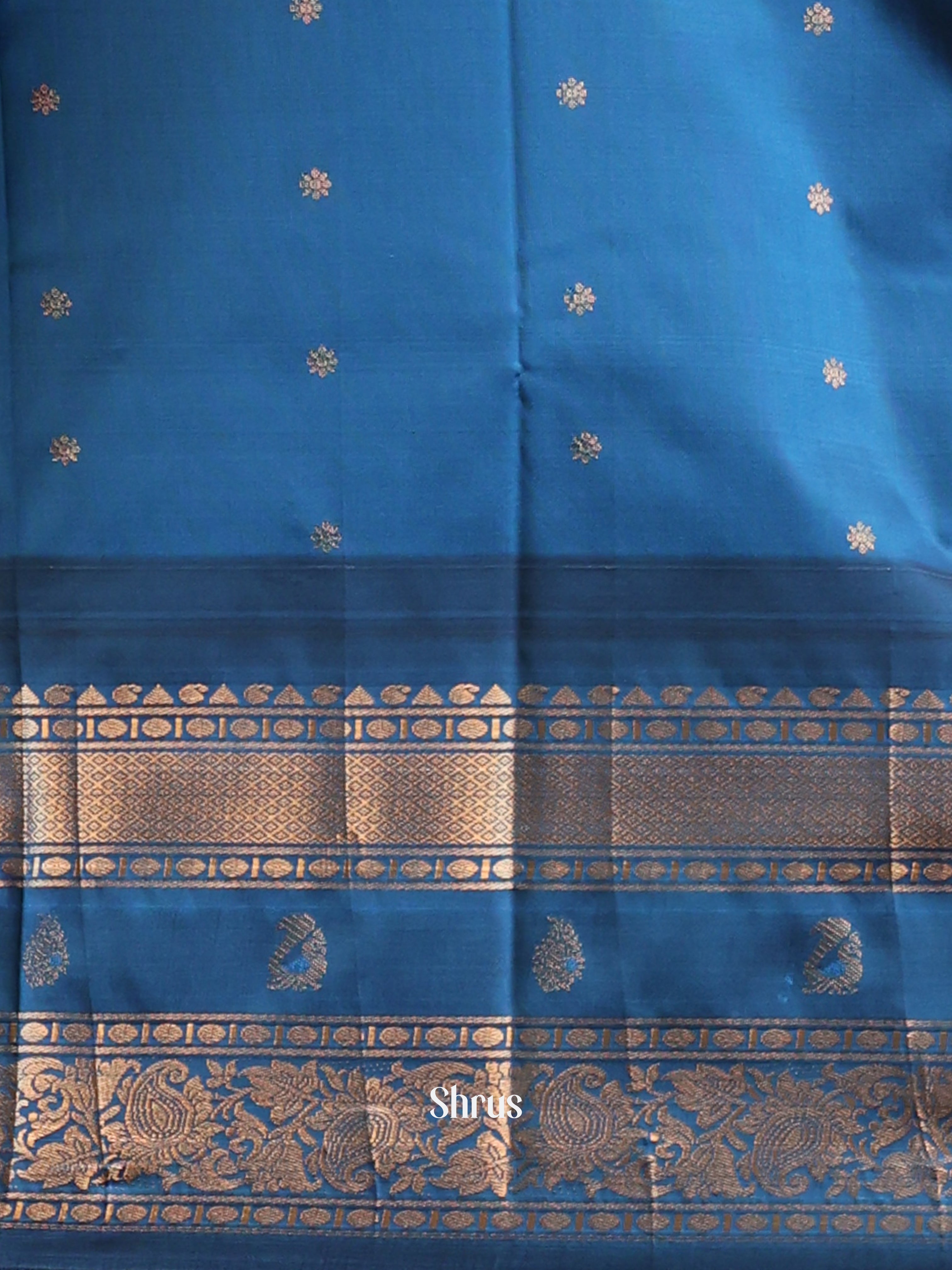 Peachish Pink & Blue - Gadwal halfpure Saree