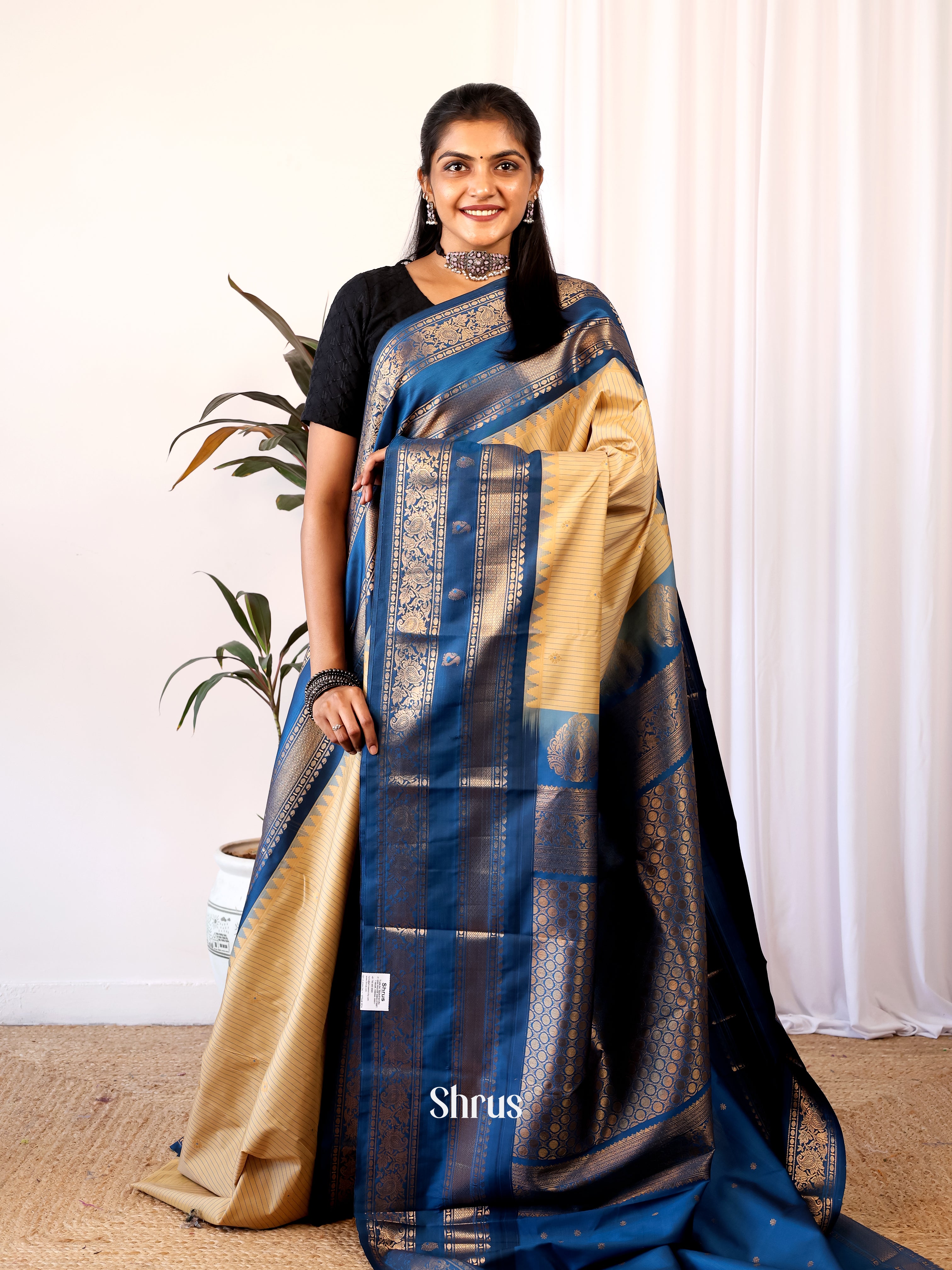 Sandal & Blue  - Gadwal halfpure Saree