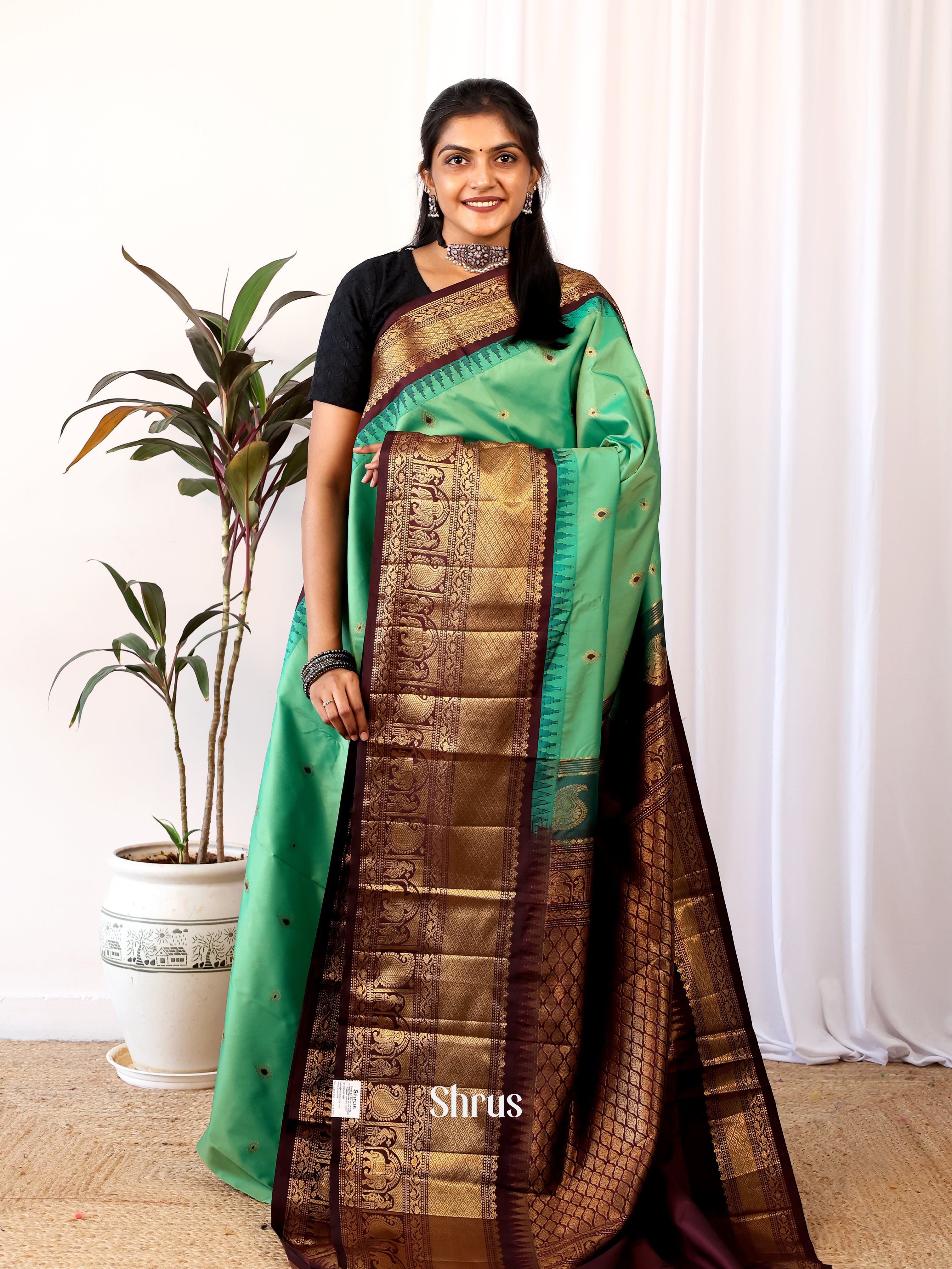 Green & Brown - Gadwal halfpure Saree