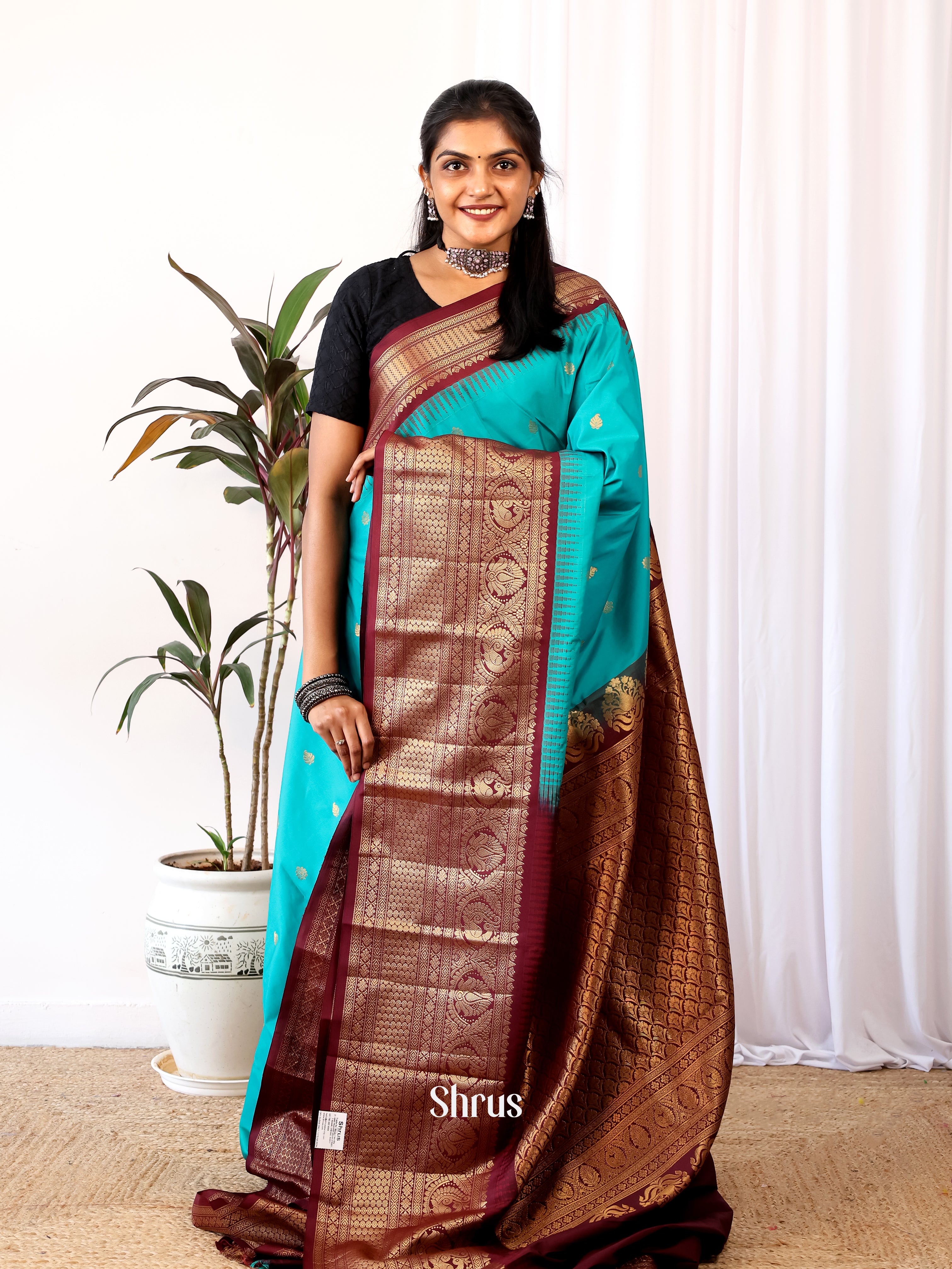 Blue & Brown - Gadwal halfpure Saree