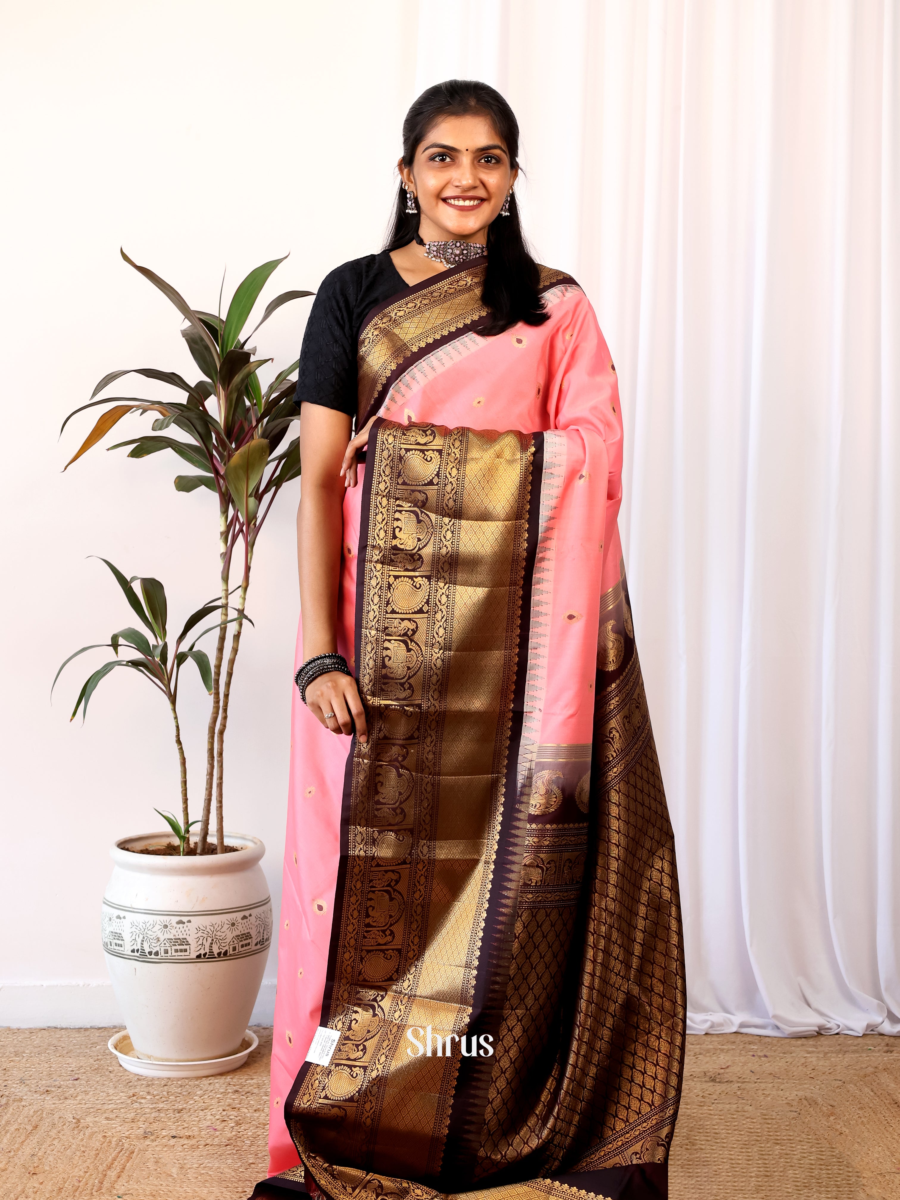 Pink & Brown - Gadwal halfpure Saree