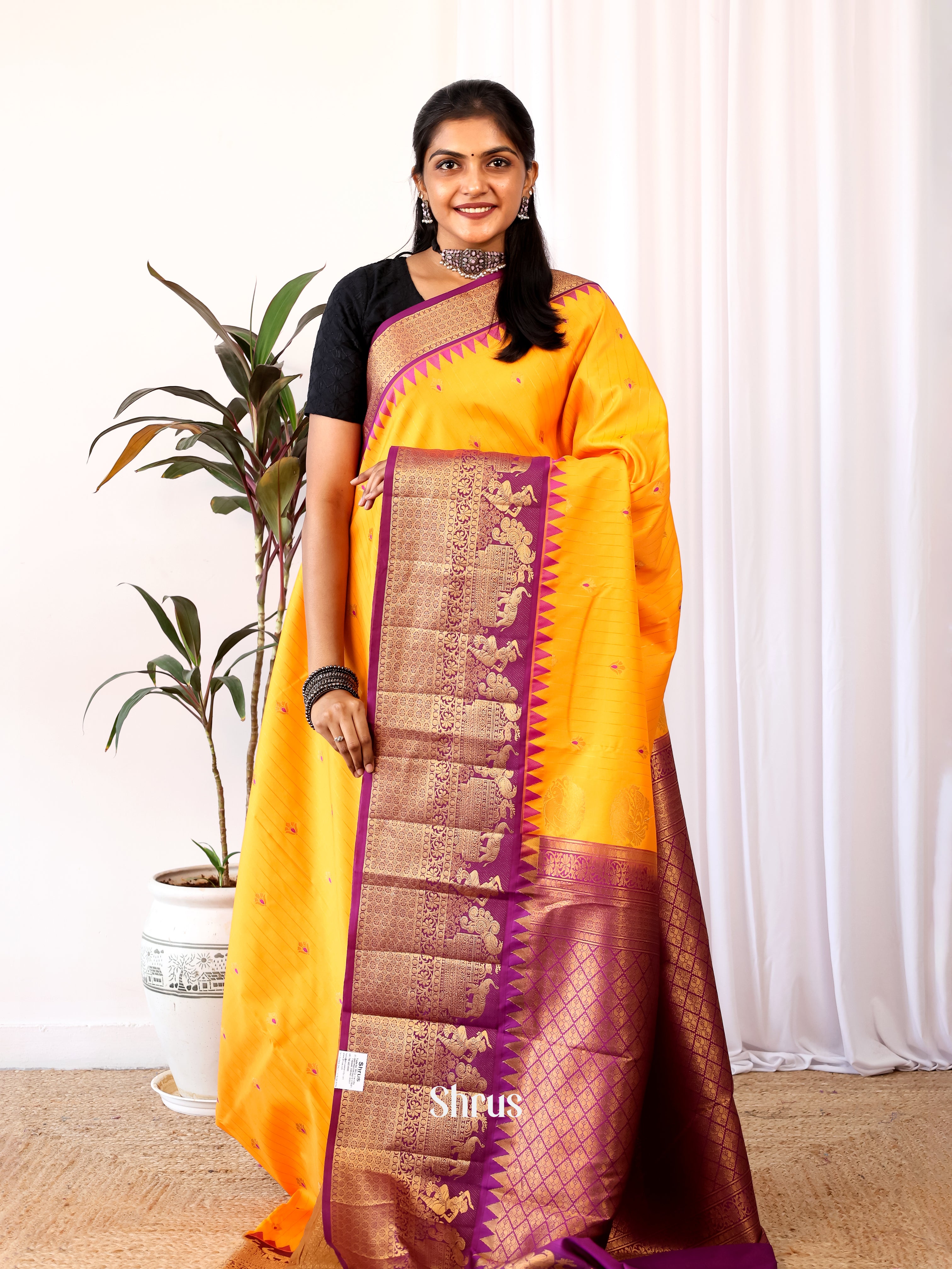 Yellow & Purple - Gadwal halfpure Saree