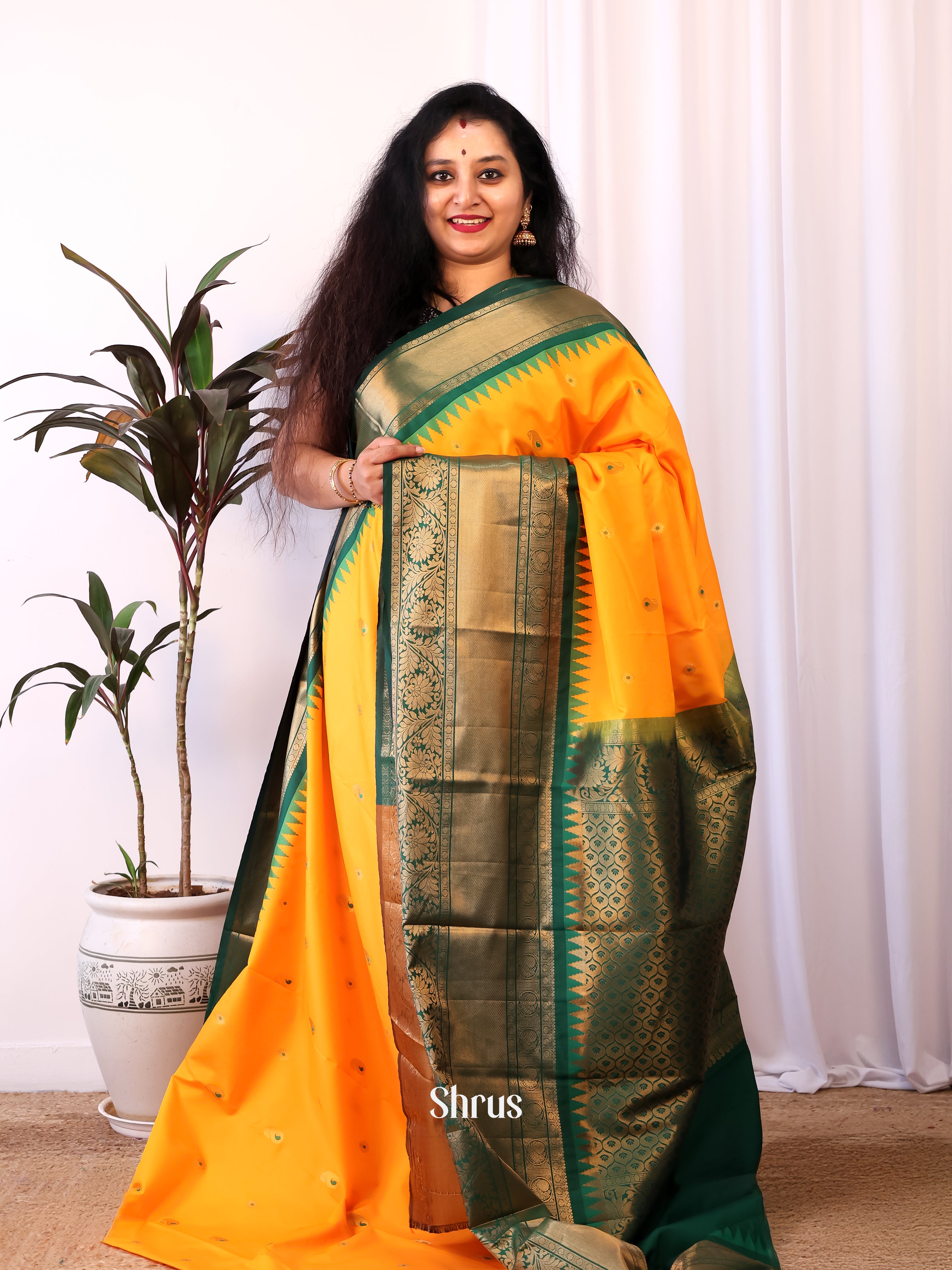 Yellow & Green - Gadwal halfpure Saree