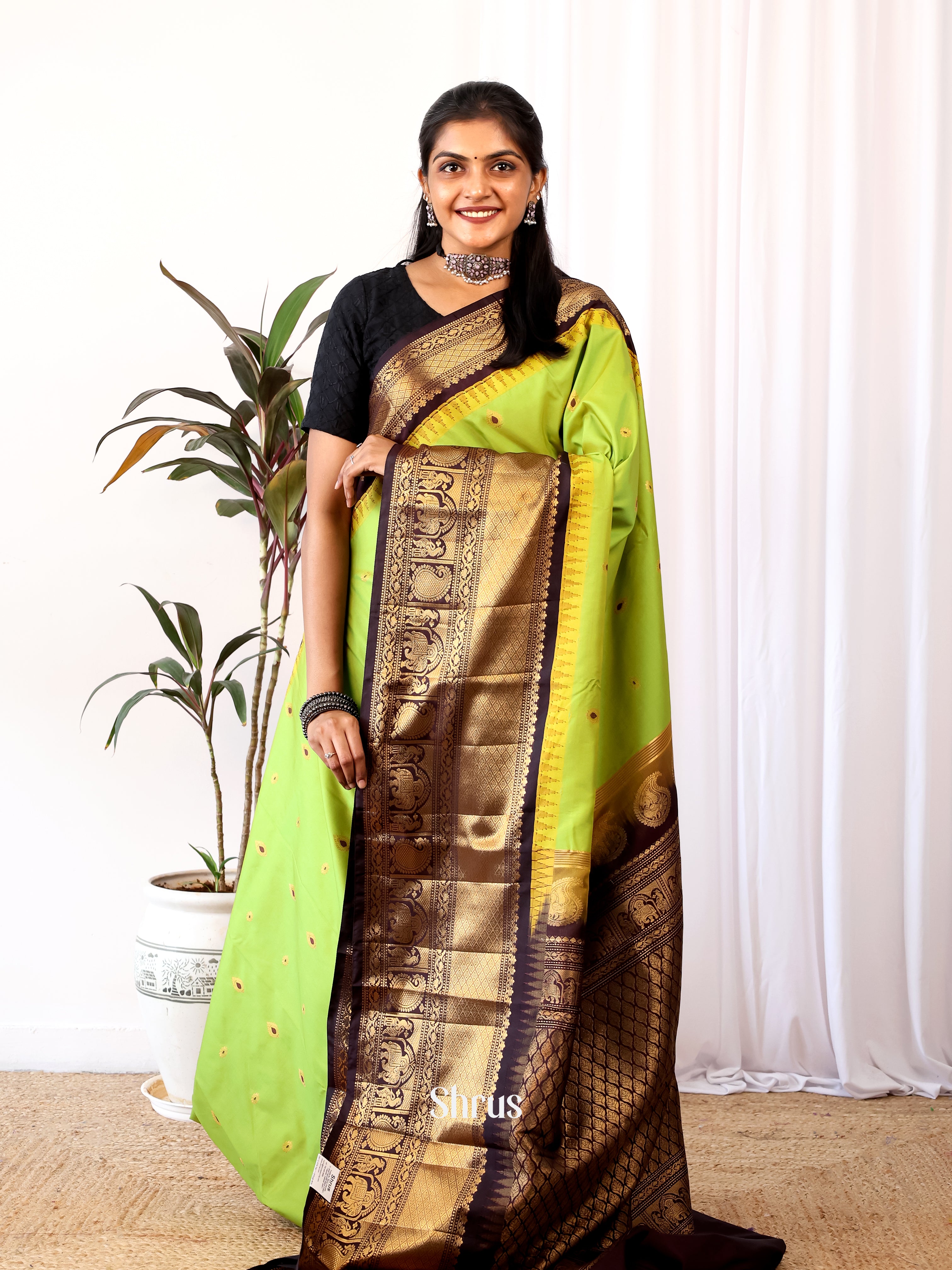 Parrot Green & Brown - Gadwal halfpure Saree