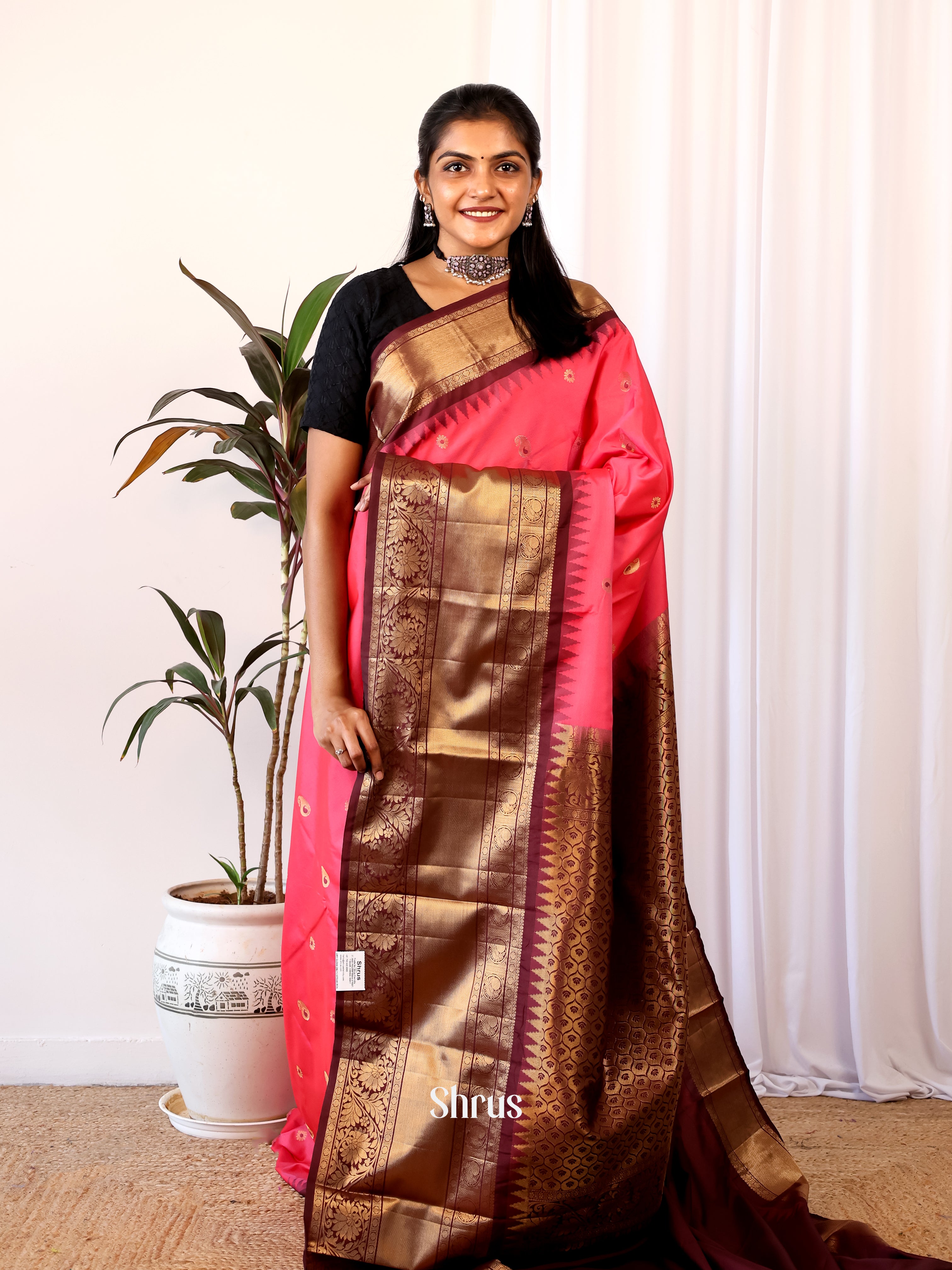 Pink & Brown - Gadwal halfpure Saree