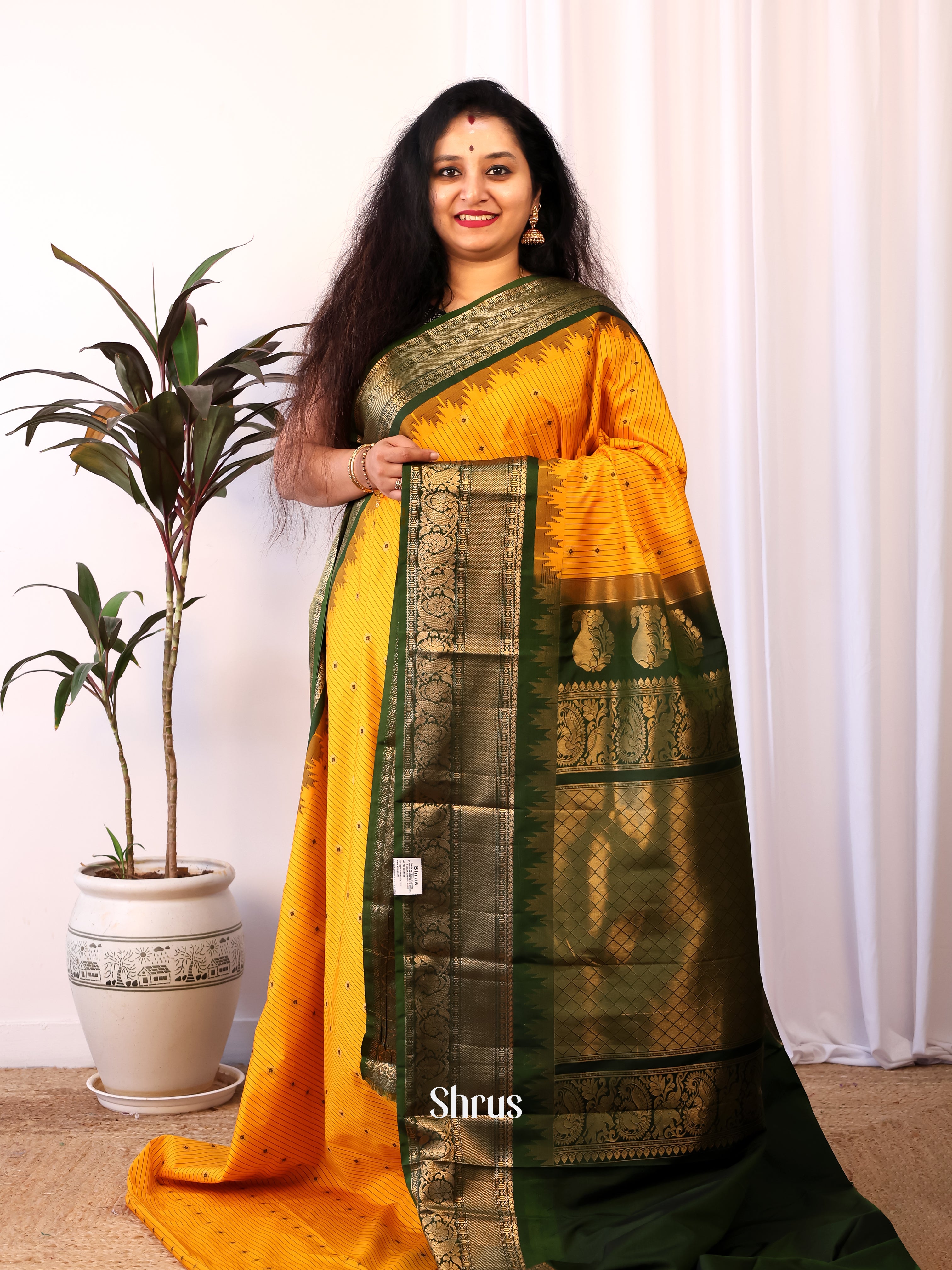 Yellow & Green - Gadwal halfpure Saree