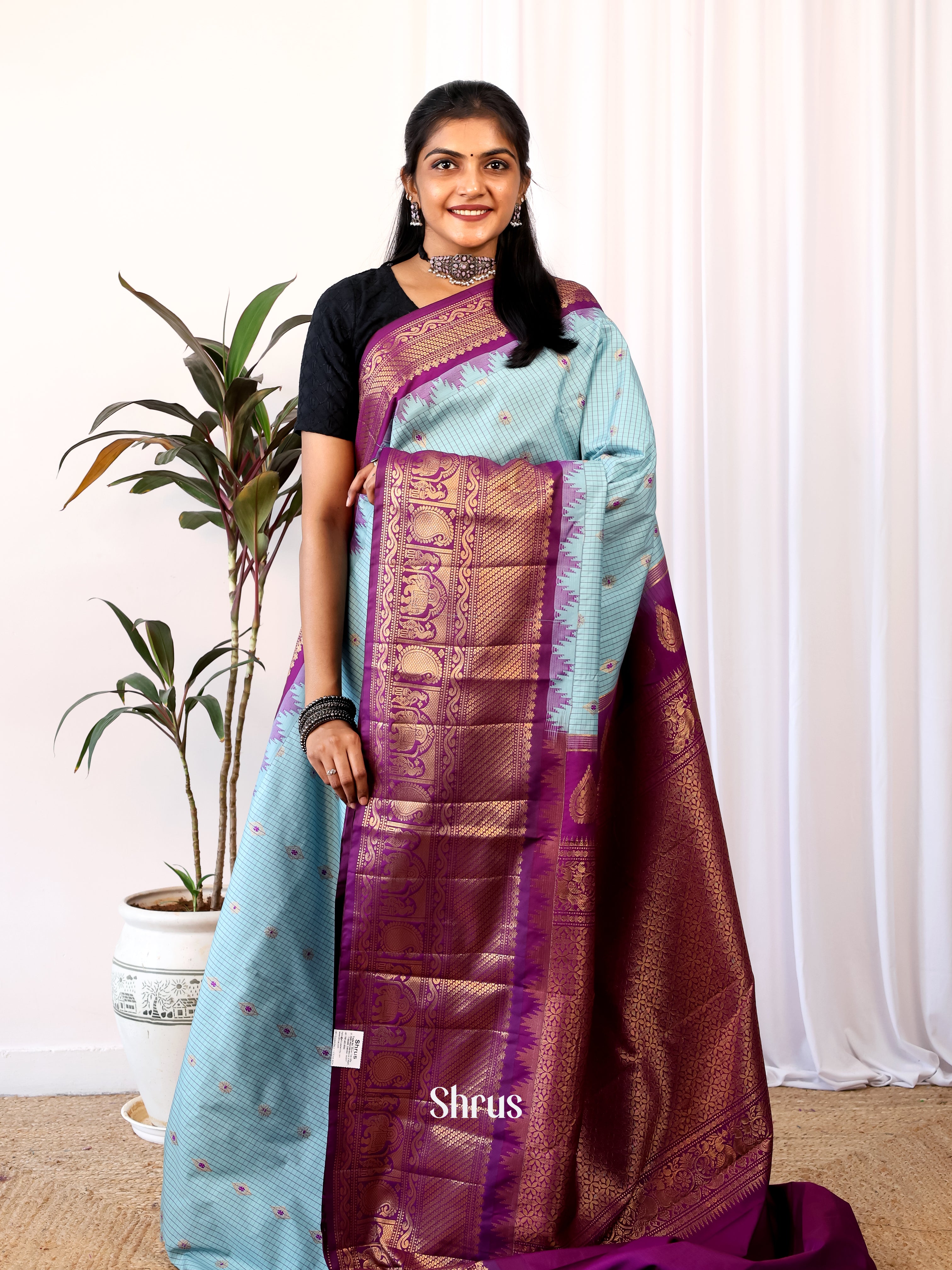 Blue & Purple - Gadwal halfpure Saree - Shop on Shrus.com