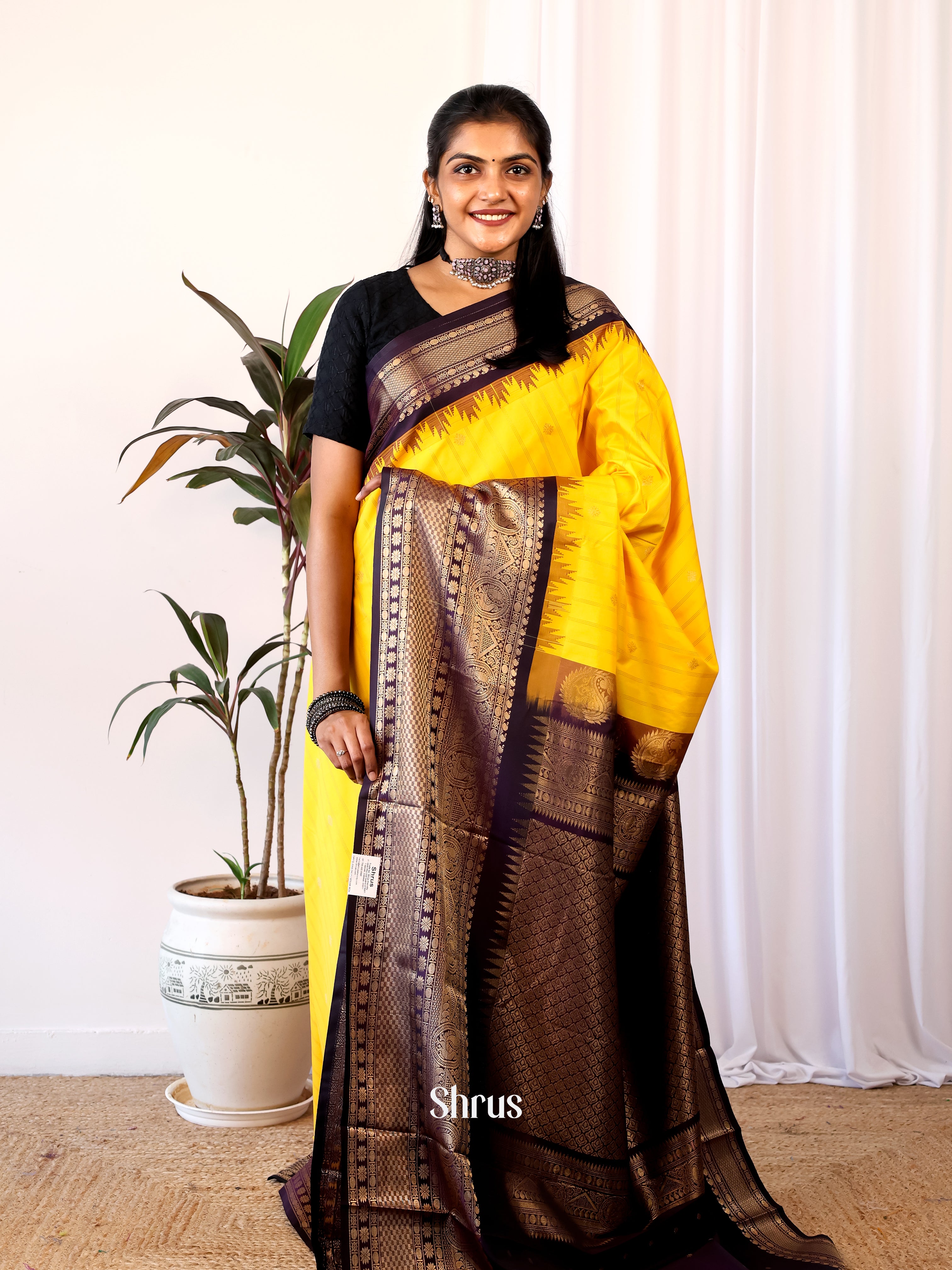 Yellow & Violet - Gadwal halfpure Saree