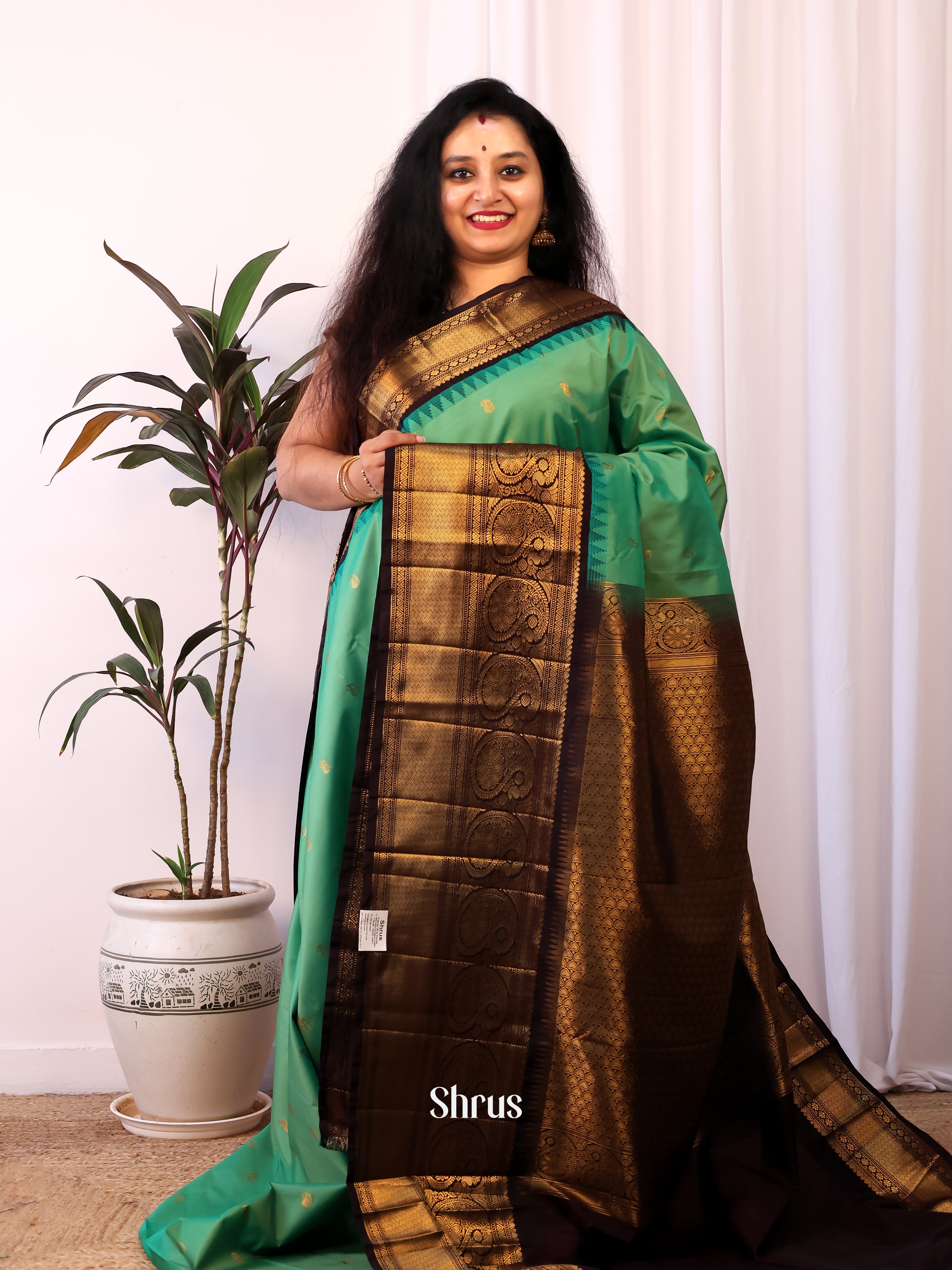 Green & Brown - Gadwal halfpure Saree