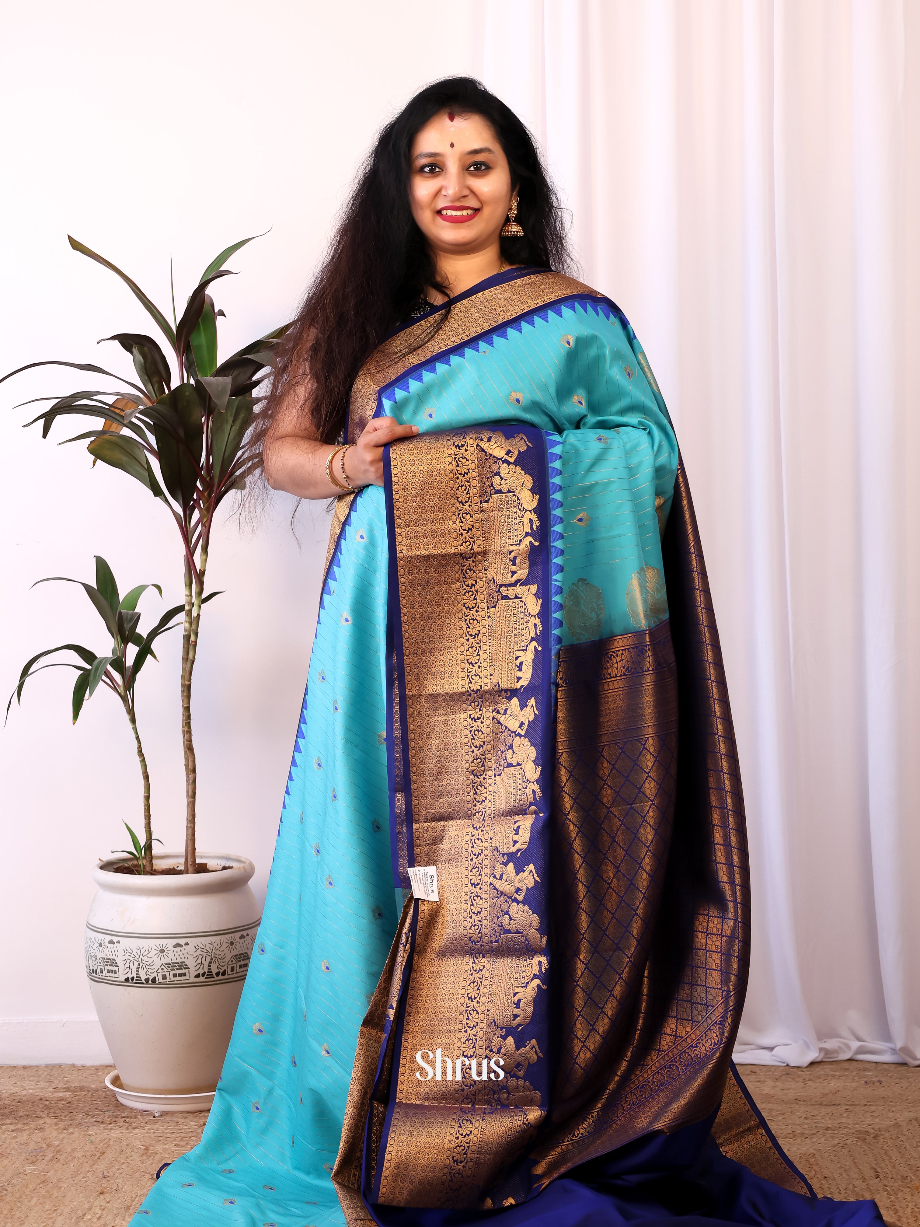 Lite Blue & Blue - Gadwal halfpure Saree